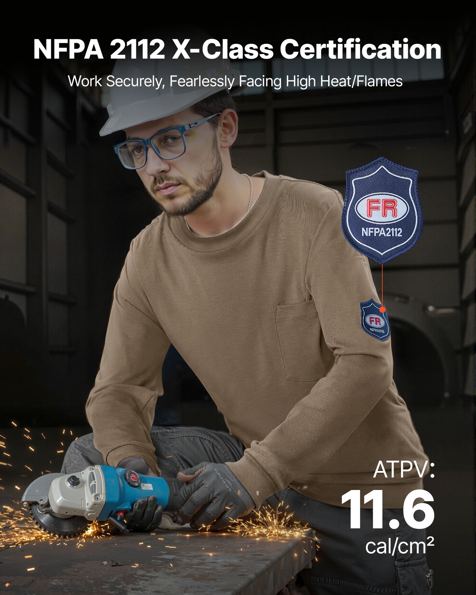 VEVOR flammhemmendes Langarmshirt, atmungsaktive Baumwolle (7 oz), feuerhemmende Arbeitskleidung für Herren mit Vorschrumpfbehandlung und Tasche, für Schweißer, Elektriker, Hellbraun XL