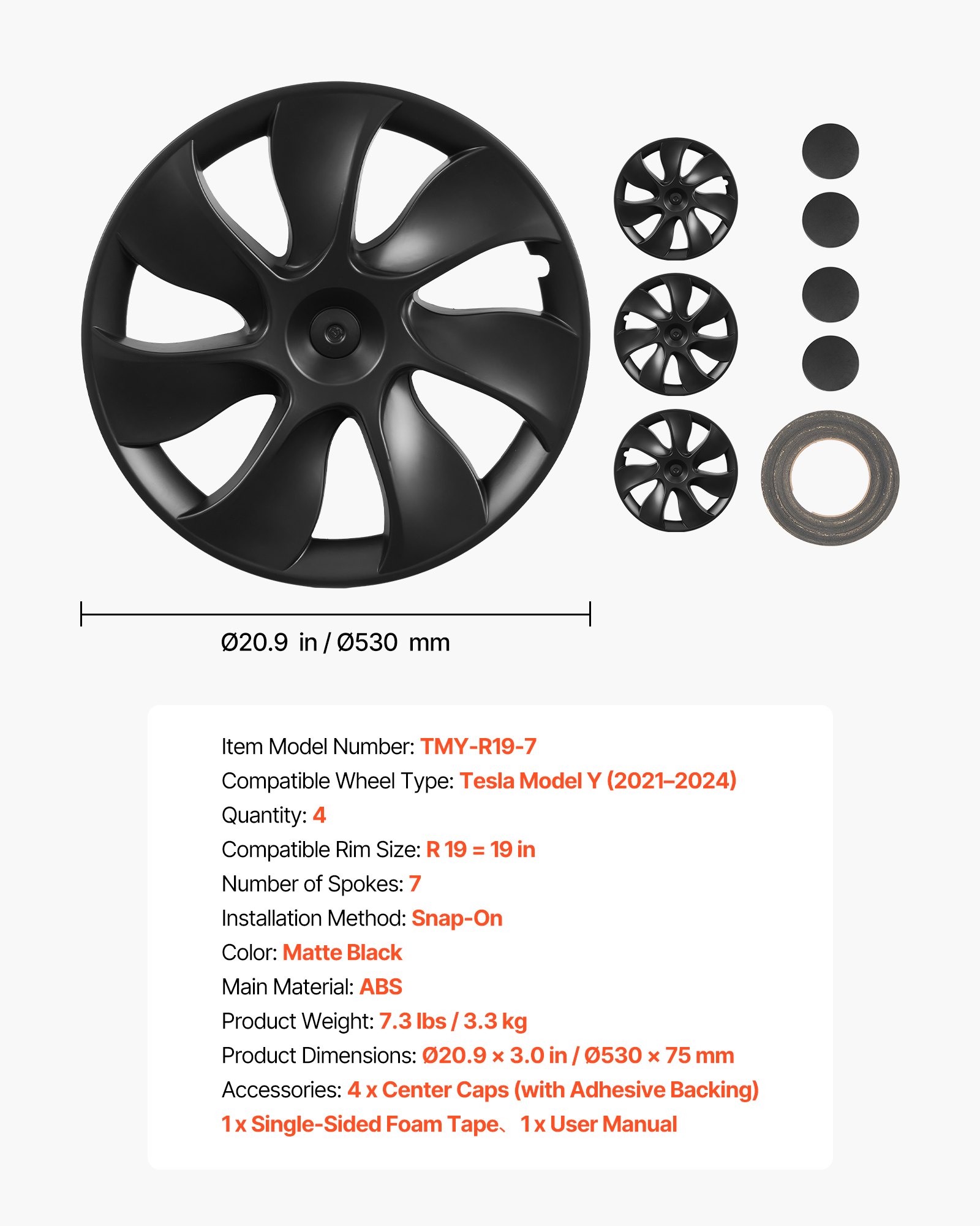VEVOR 4x Radkappen für Tesla Model Y 21-24, 19 Zoll Radzierblenden aus ABS Kunststoff, Radblenden 4er Set mit 7 Speichen & Snap-On-Montage Design, R19 Radabdeckungen für Deko & Daubschutz, Mattschwarz