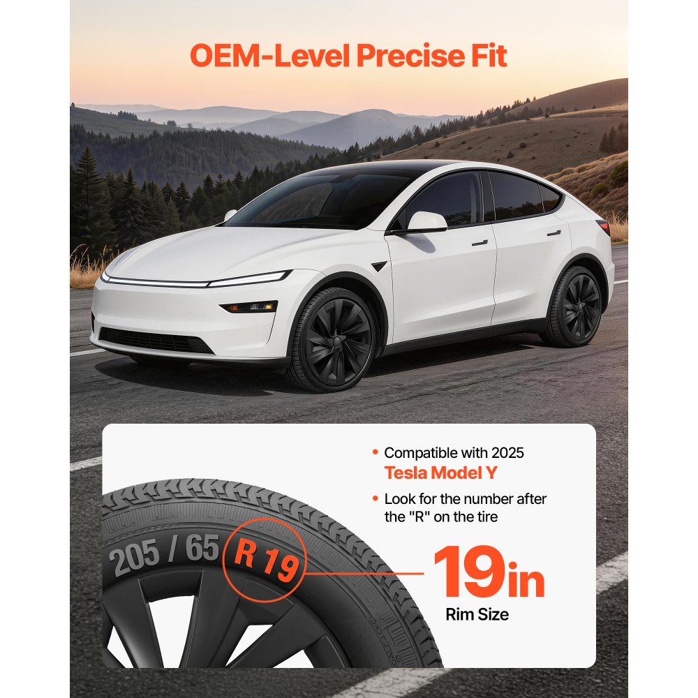 VEVOR Hubcaps Wheel Covers for 2025 Tesla Model Y, 19 Inch Set of 4 Wheel Rim Cover Hubcaps OEM Style Replacement, R19 Size Snap On Car Hub Caps, Premium Sturdy 10-Spoke ABS Tire Rim Caps, Matte Black
