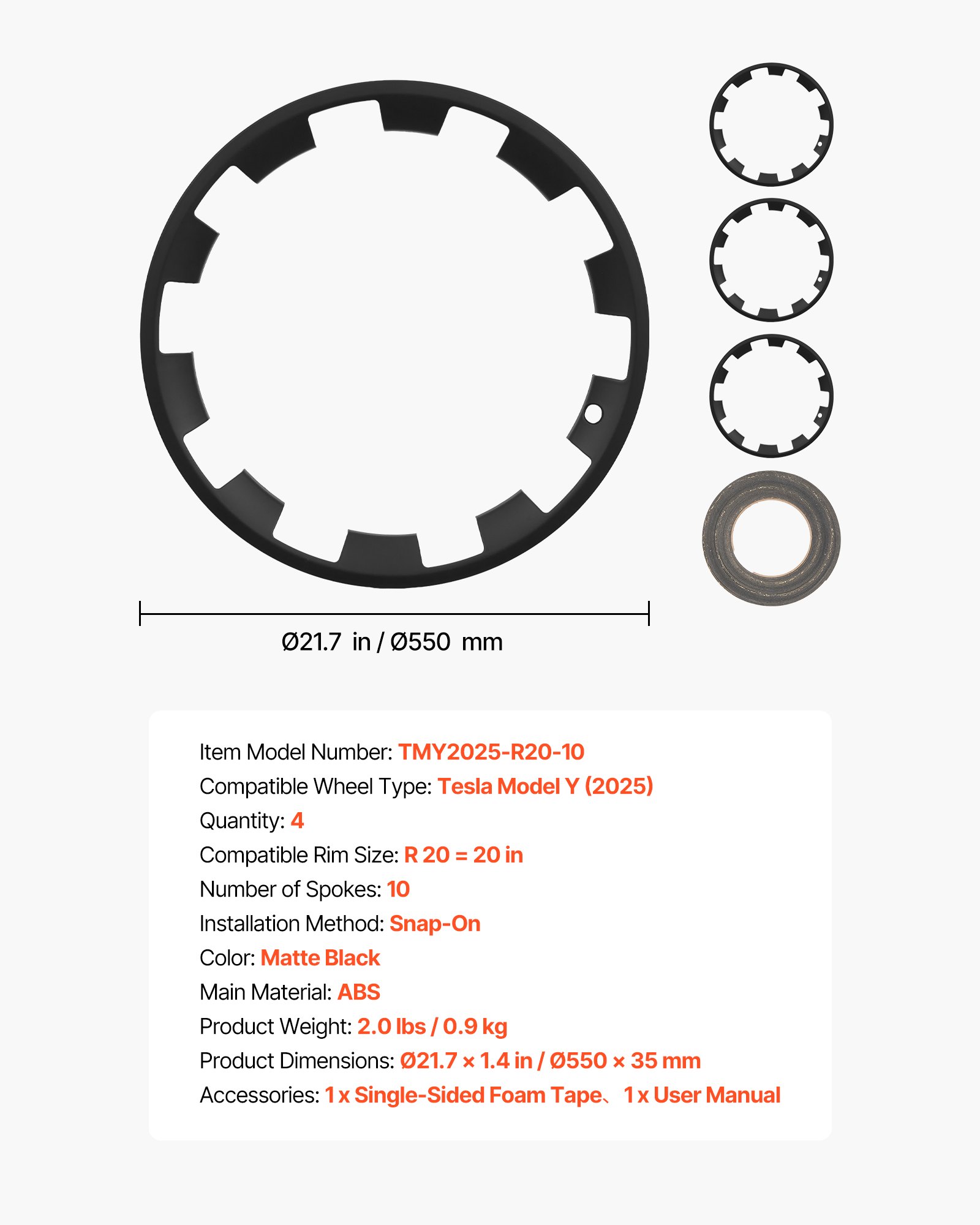 VEVOR 4x Radkappen für Tesla Model Y 2025, 20 Zoll Radzierblenden aus ABS Kunststoff, Radblenden 4er Set mit 10 Speichen & Snap-On-Montage Design, R20 Radabdeckungen für Deko & Daubschutz, Mattschwarz
