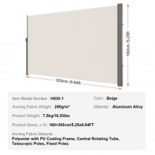 VEVOR Terrassen Windschutz 160 x 300 cm Rollo Seitenmarkise ausziehbar Cremeweiß für den privaten oder gewerblichen Gebrauch