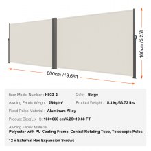 VEVOR Terrassen Windschutz 160 x 600 cm Rollo Seitenmarkise ausziehbar Cremeweiß für den privaten oder gewerblichen Gebrauch