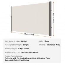 VEVOR Terrassen Windschutz Rollo 160 x 300 cm Cremeweiß Seitenmarkise ausziehbar für den privaten oder gewerblichen Gebrauch