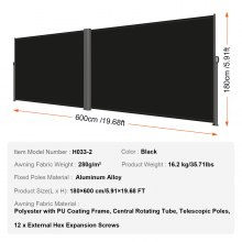VEVOR Terrassen Windschutz 180 x 600 cm schwarz Rollo Seitenmarkise ausziehbar für den privaten oder gewerblichen Gebrauch