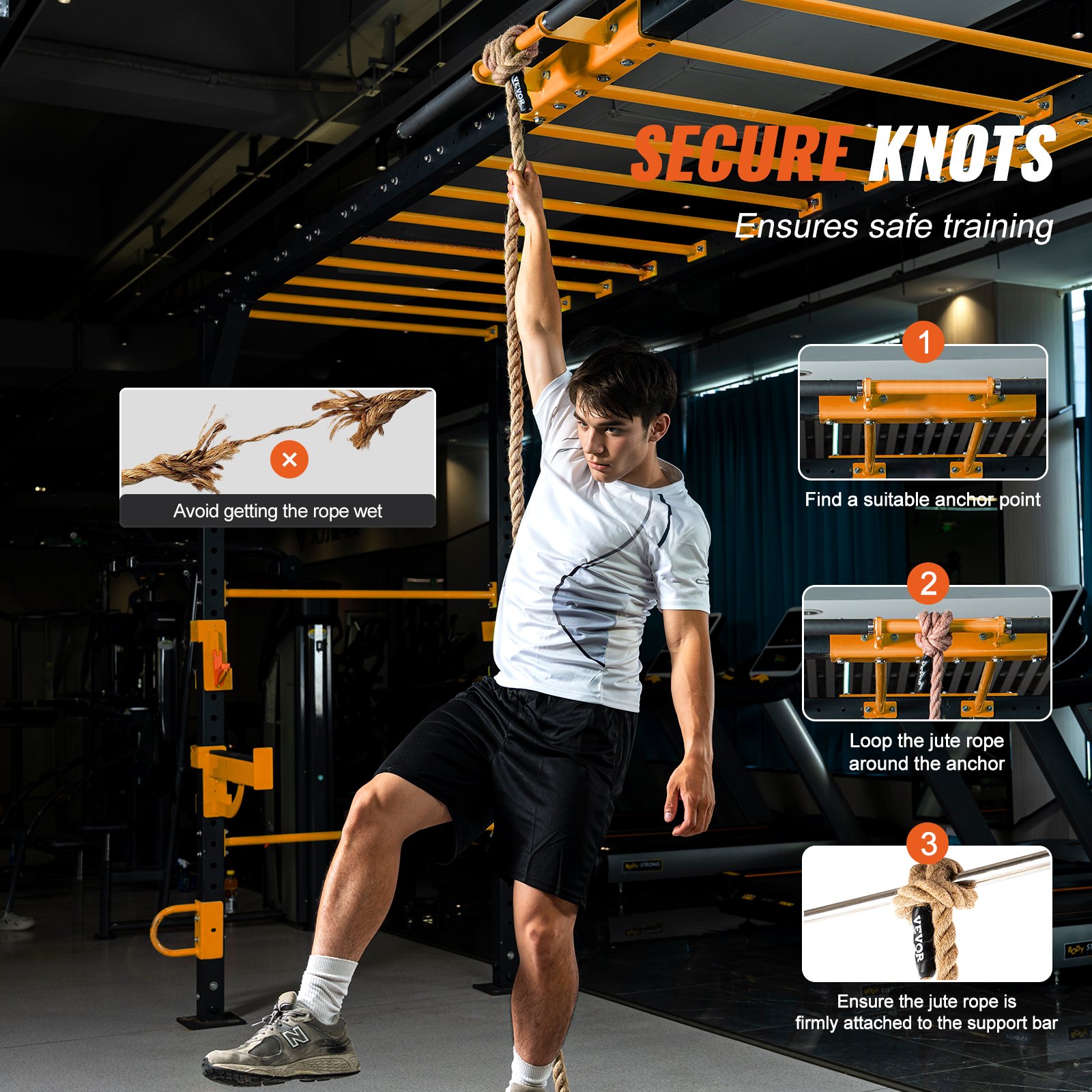 VEVOR Kletterseil Fitness-Trainingsseil Fitnessstudio, 15,24 m Länge, 25,4 mm Durchmesser, Trainingsseil, Mehrzweckseil aus Jute, 227 kg, Kletterübungen, Krafttraining für Bergsteigen, Camping