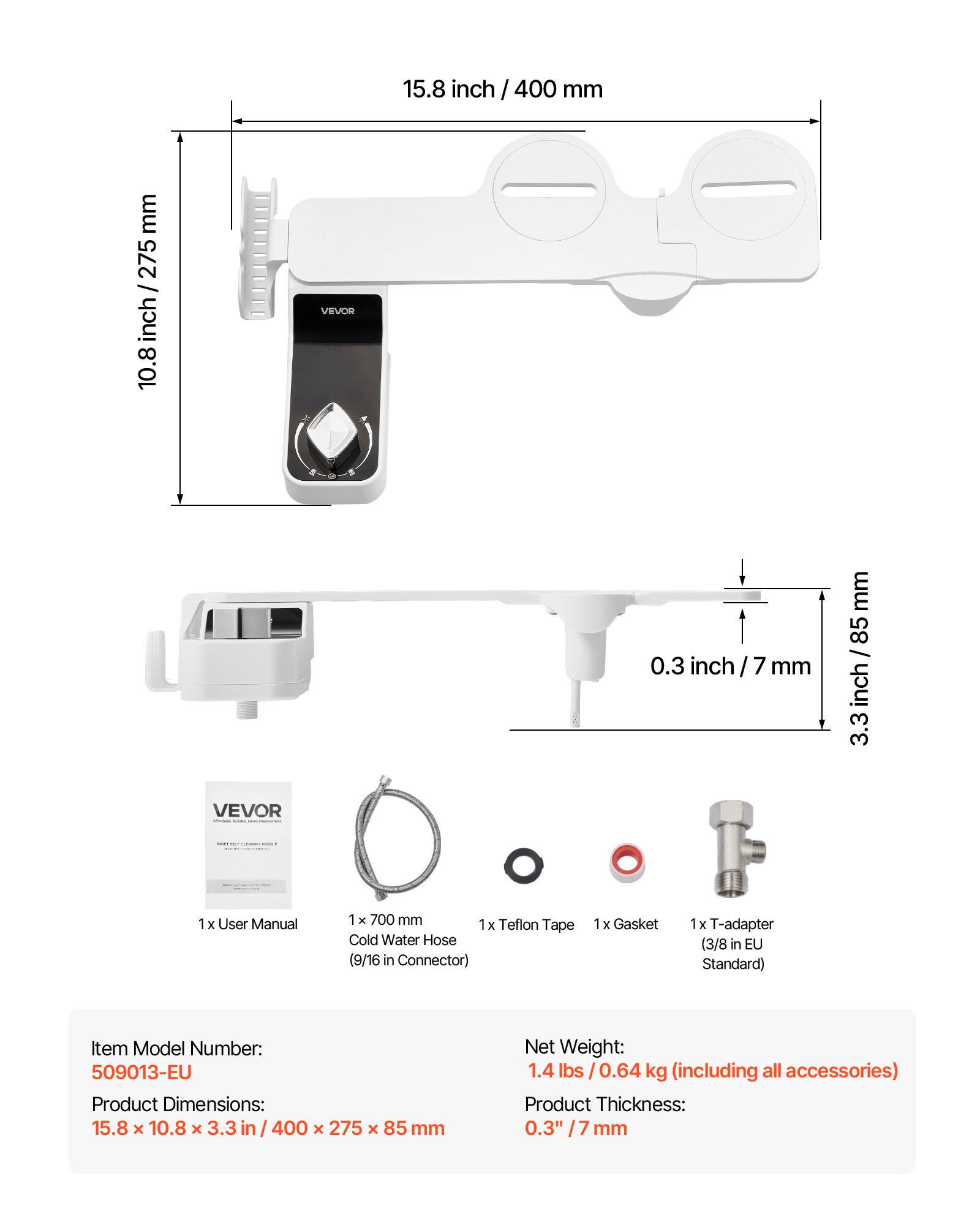 VEVOR Bidet Attachment for Toilet, 0.3" Ultra Thin Bidet Toilet Seat Attachment - Dual Retractable Nozzles, Adjustable Water Pressure, Non-Electric Cold Water Sprayer for Front Rear Water Wash, White