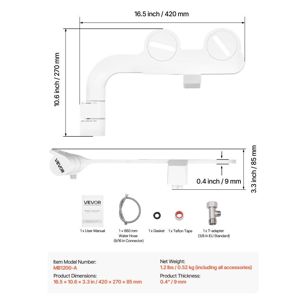 VEVOR Bidet-Toilettenaufsatz selbstreinigender Toilettensitz-Aufsatz mit 2 einziehbaren Düsen & einstellbarem Wasserdruck & Doppelknauf (Griff Stil), leicht zu installierender Kaltwassersprüher