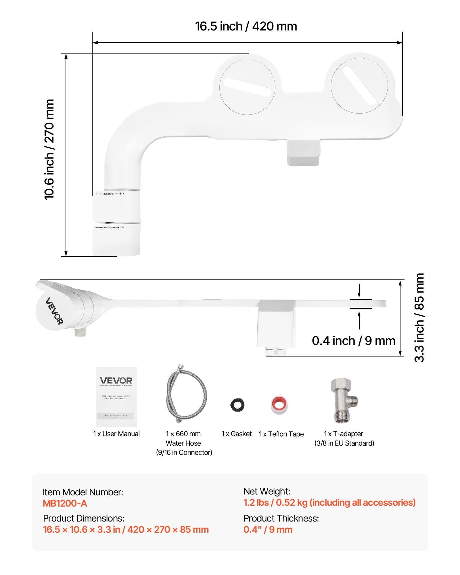 VEVOR Bidet-Toilettenaufsatz selbstreinigender Toilettensitz-Aufsatz mit 2 einziehbaren Düsen & einstellbarem Wasserdruck & Doppelknauf (Griff Stil), leicht zu installierender Kaltwassersprüher