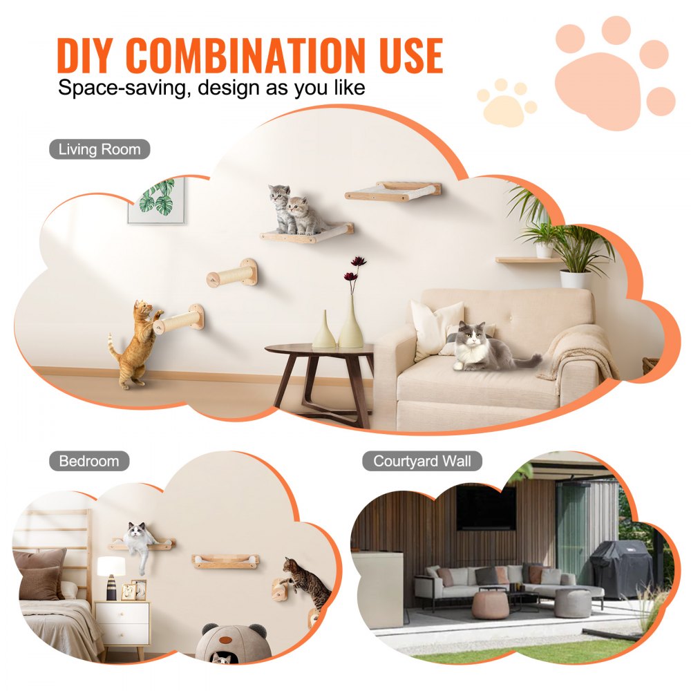 VEVOR wall-mounted cat shelves, cat wall shelves and perches with jumping posts and hammocks, cat furniture set up to 18 kg, removable and washable coral fleece for sleeping, playing, climbing, set of 4