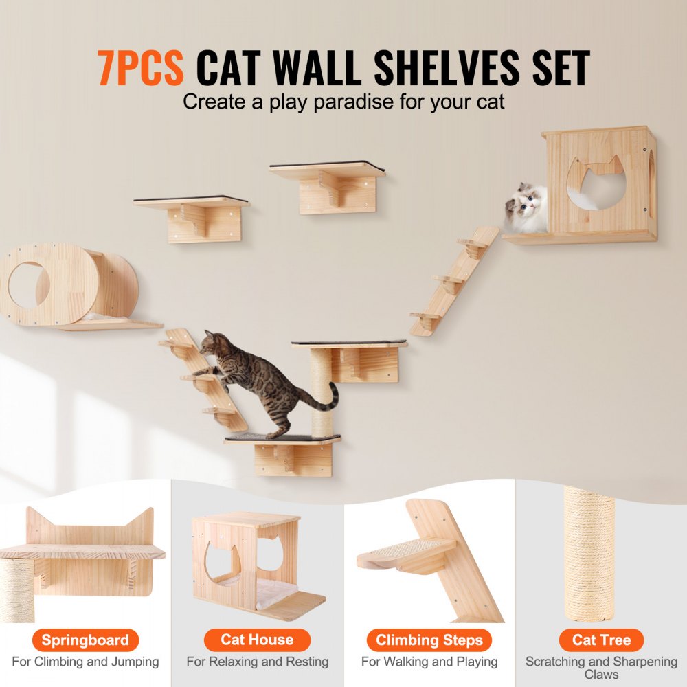 VEVOR Katzenregale zur Wandmontage, Katzenwandregale und Sitzstangen mit Sprungbrettern, Katzenbetten, Hängematten und Katzenbaum, Katzenmöbel und Regale bis zu 18 kg zum Schlafen, Spielen, Klettern, 7er-Set