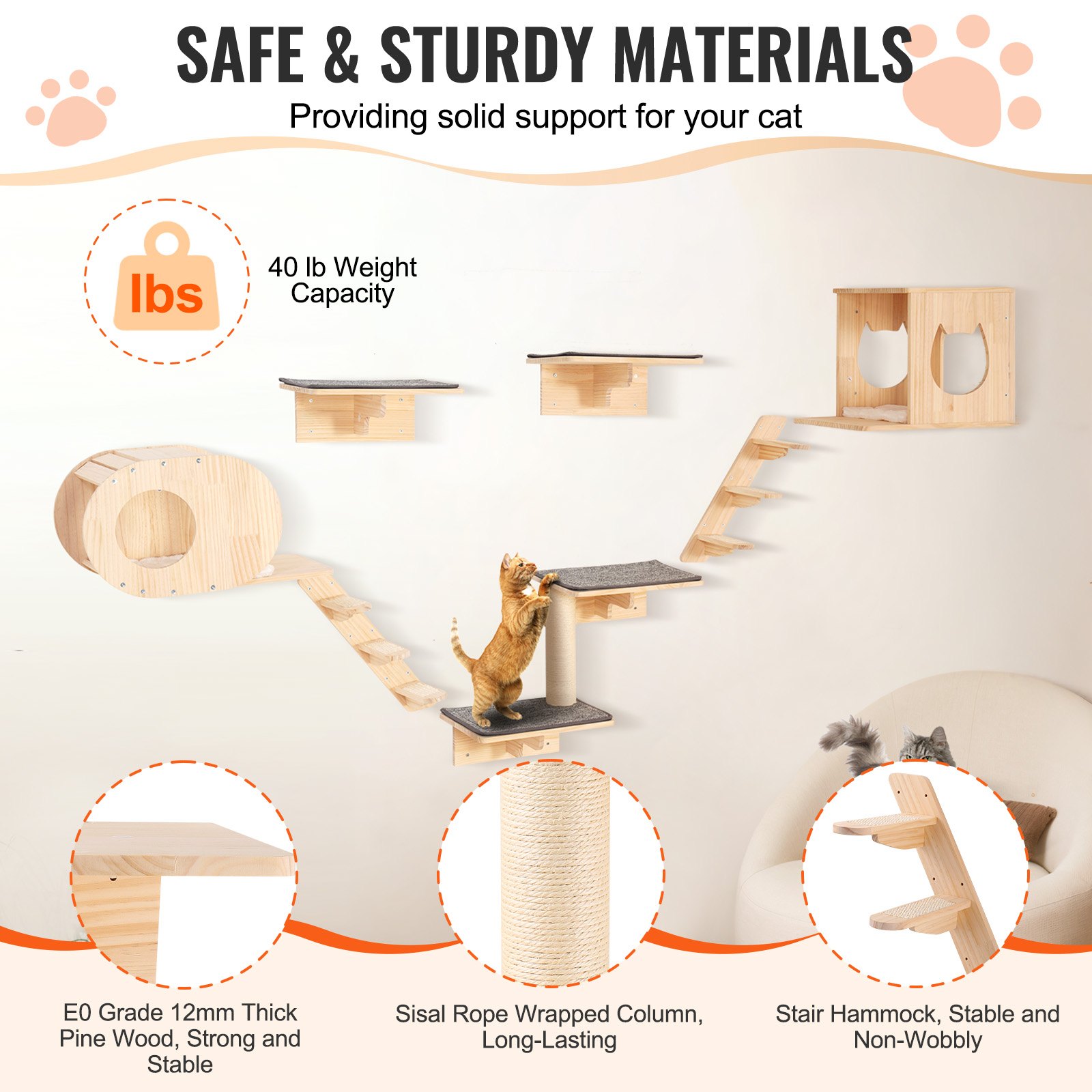 VEVOR Katzenregale zur Wandmontage, Katzenwandregale und Sitzstangen mit Sprungbrettern, Katzenbetten, Hängematten und Katzenbaum, Katzenmöbel und Regale bis zu 18 kg zum Schlafen, Spielen, Klettern, 7er-Set