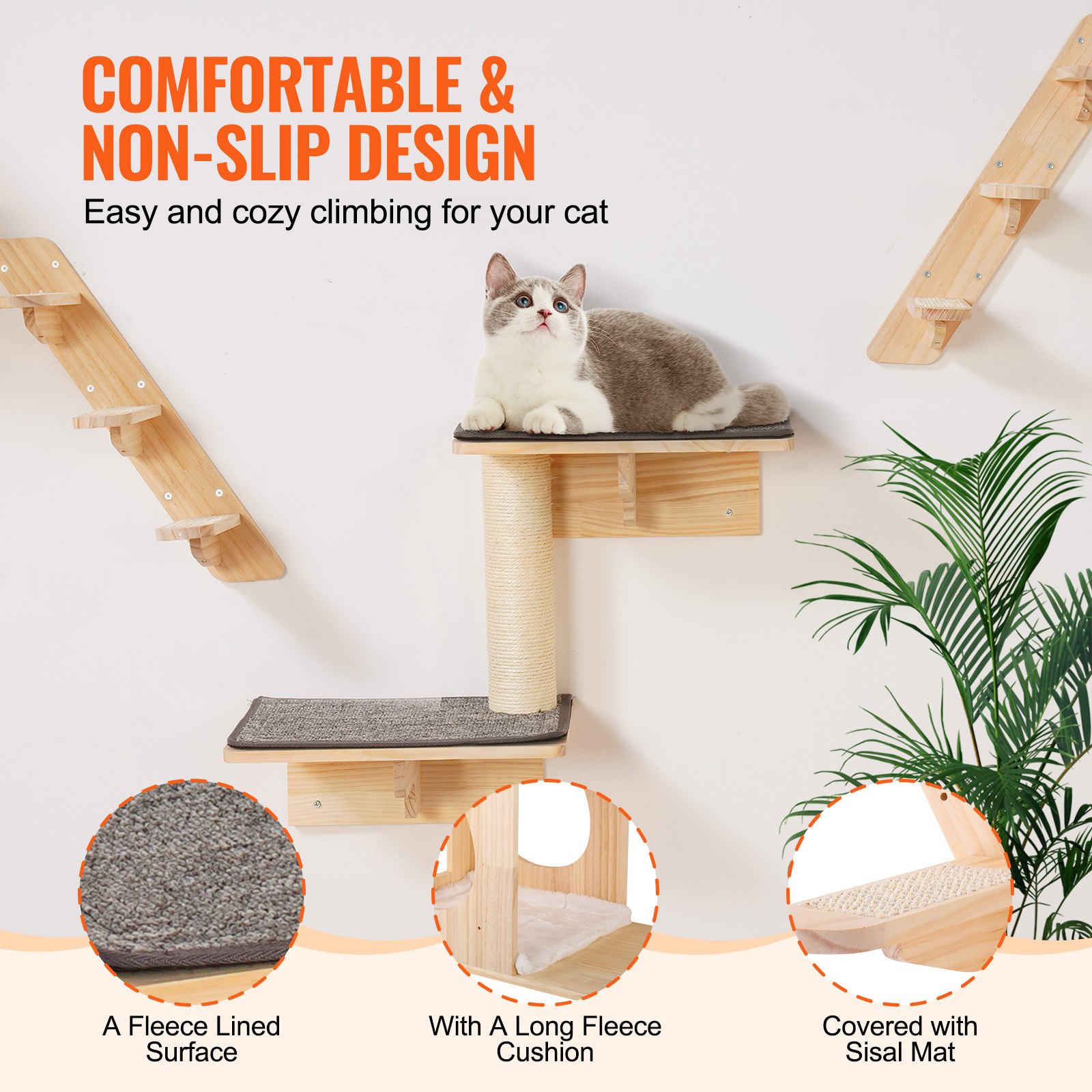 VEVOR Katzenregale zur Wandmontage, Katzenwandregale und Sitzstangen mit Sprungbrettern, Katzenbetten, Hängematten und Katzenbaum, Katzenmöbel und Regale bis zu 18 kg zum Schlafen, Spielen, Klettern, 7er-Set