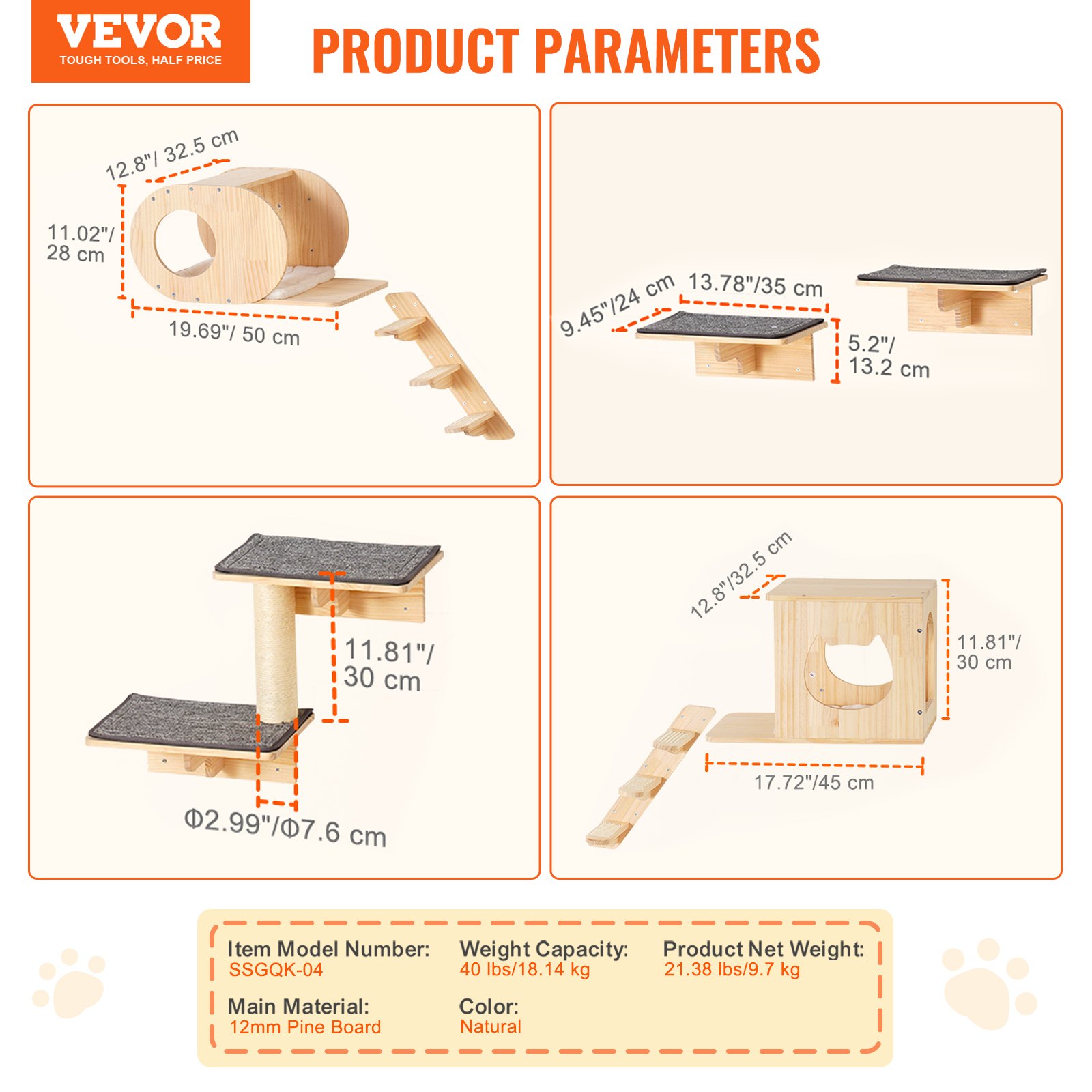 VEVOR Katzenregale zur Wandmontage, Katzenwandregale und Sitzstangen mit Sprungbrettern, Katzenbetten, Hängematten und Katzenbaum, Katzenmöbel und Regale bis zu 18 kg zum Schlafen, Spielen, Klettern, 7er-Set
