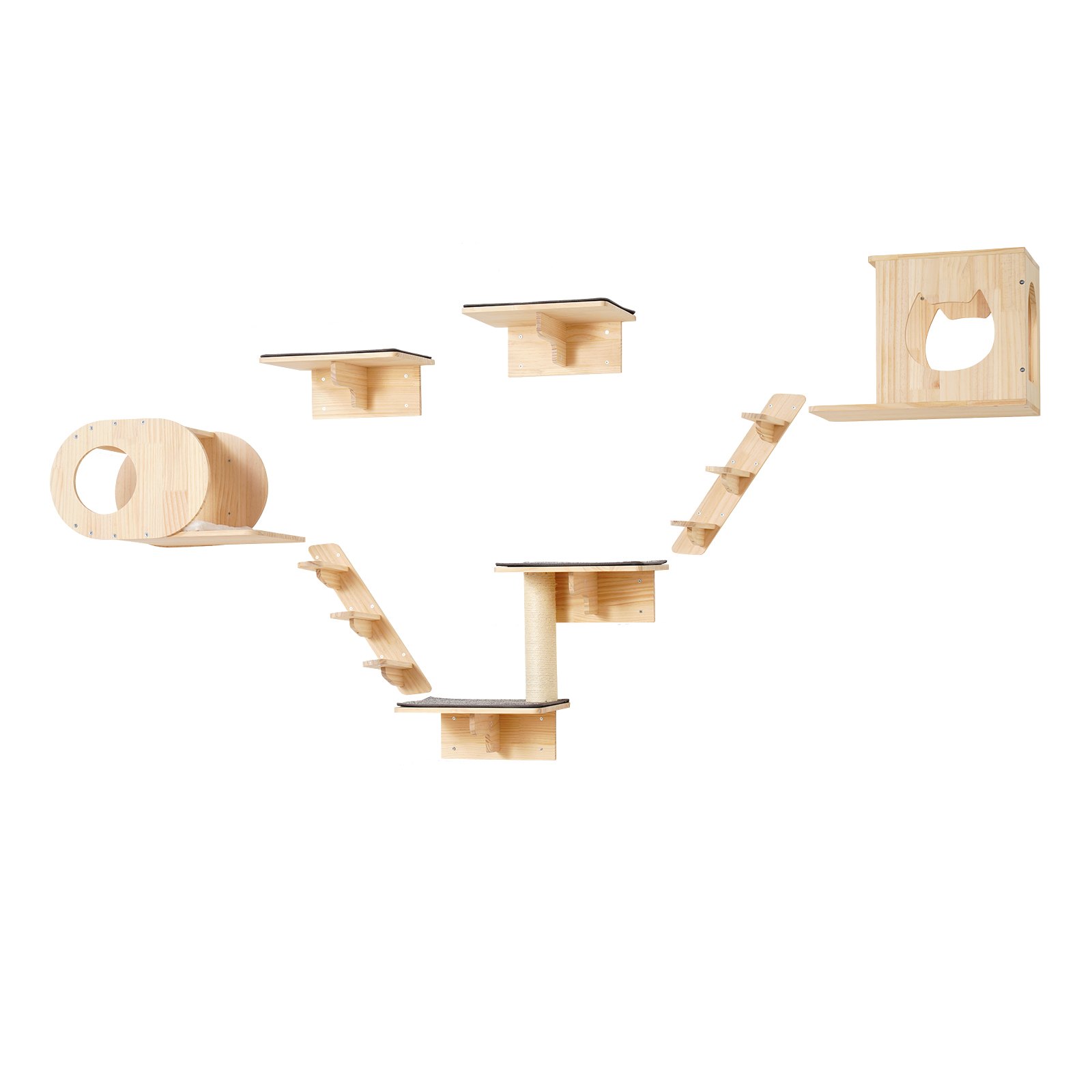 VEVOR Katzenregale zur Wandmontage, Katzenwandregale und Sitzstangen mit Sprungbrettern, Katzenbetten, Hängematten und Katzenbaum, Katzenmöbel und Regale bis zu 18 kg zum Schlafen, Spielen, Klettern, 7er-Set