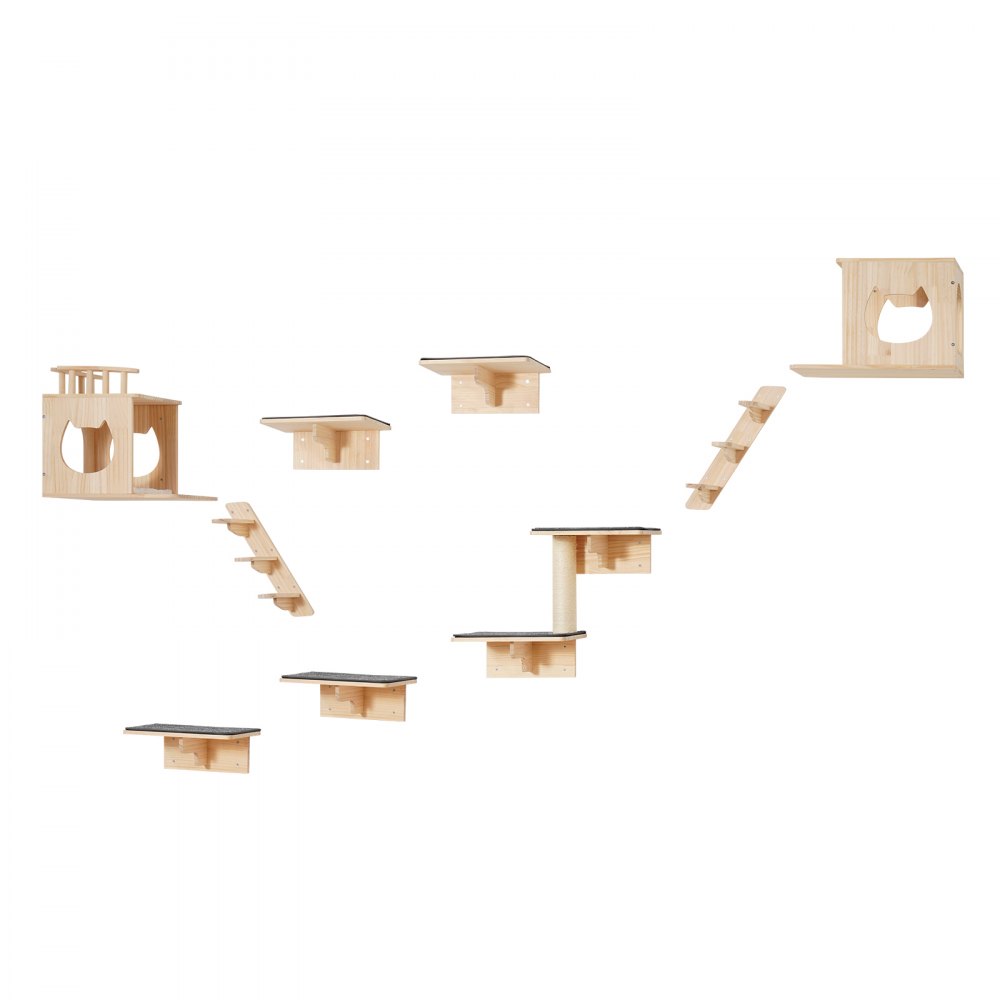 VEVOR Katzenregale zur Wandmontage, Katzenwandregale und Sitzstangen mit Sprungbrettern, Katzenbetten, Hängematten und Katzenbaum, Katzenmöbel und Regale bis zu 18 kg zum Schlafen, Spielen, Klettern, 9er-Set