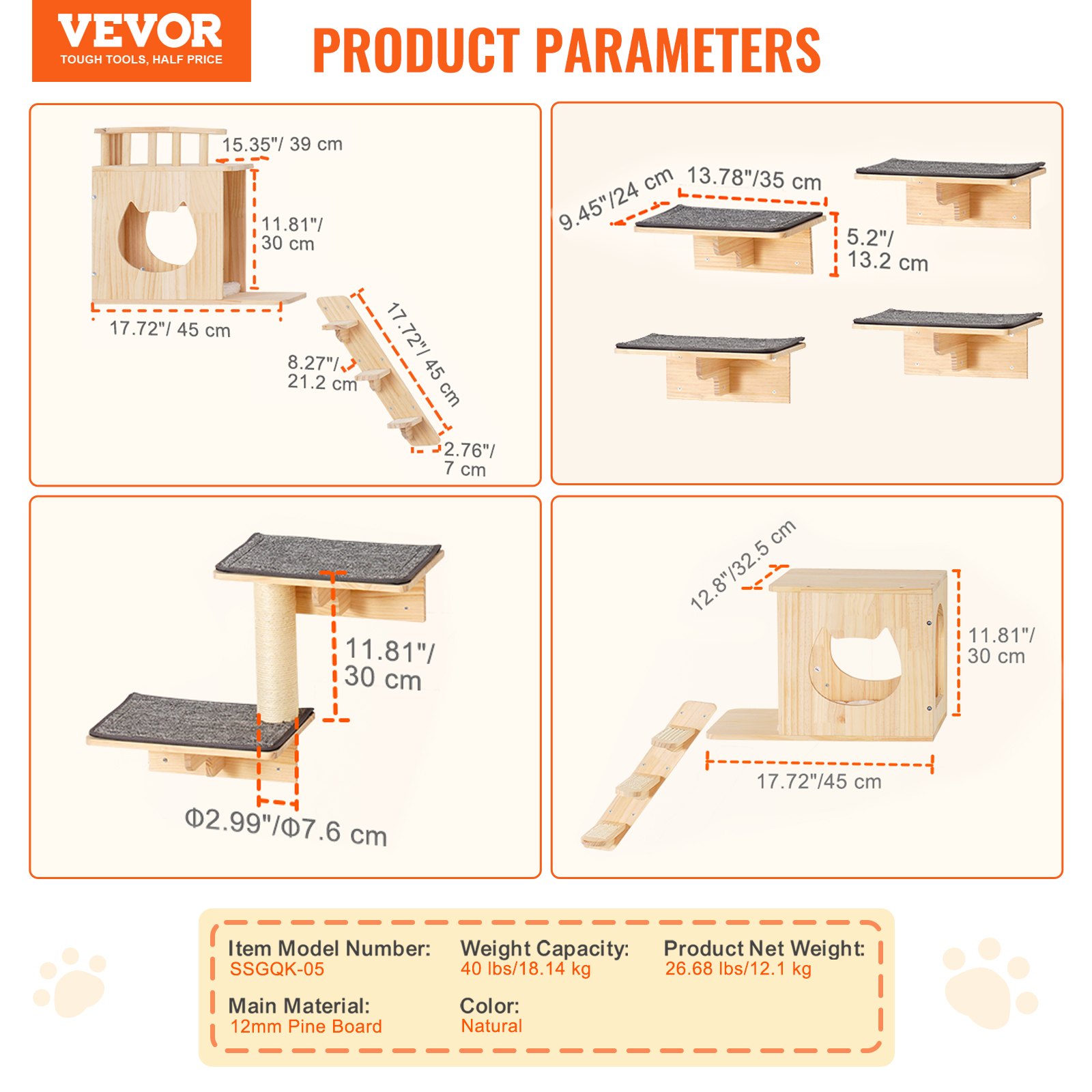 VEVOR Katzenregale zur Wandmontage, Katzenwandregale und Sitzstangen mit Sprungbrettern, Katzenbetten, Hängematten und Katzenbaum, Katzenmöbel und Regale bis zu 18 kg zum Schlafen, Spielen, Klettern, 9er-Set
