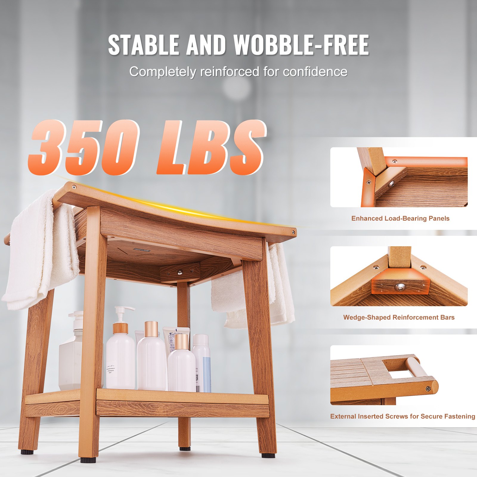 VEVOR Duschbank aus Polyholz, 53,3 x 35,6 x 47,7 cm, Duschhocker mit Ablagegriff, maximale Tragkraft 168 kg, wasserabweisend, rutschfest, für Badezimmer, Wohnzimmer, Schlafzimmer