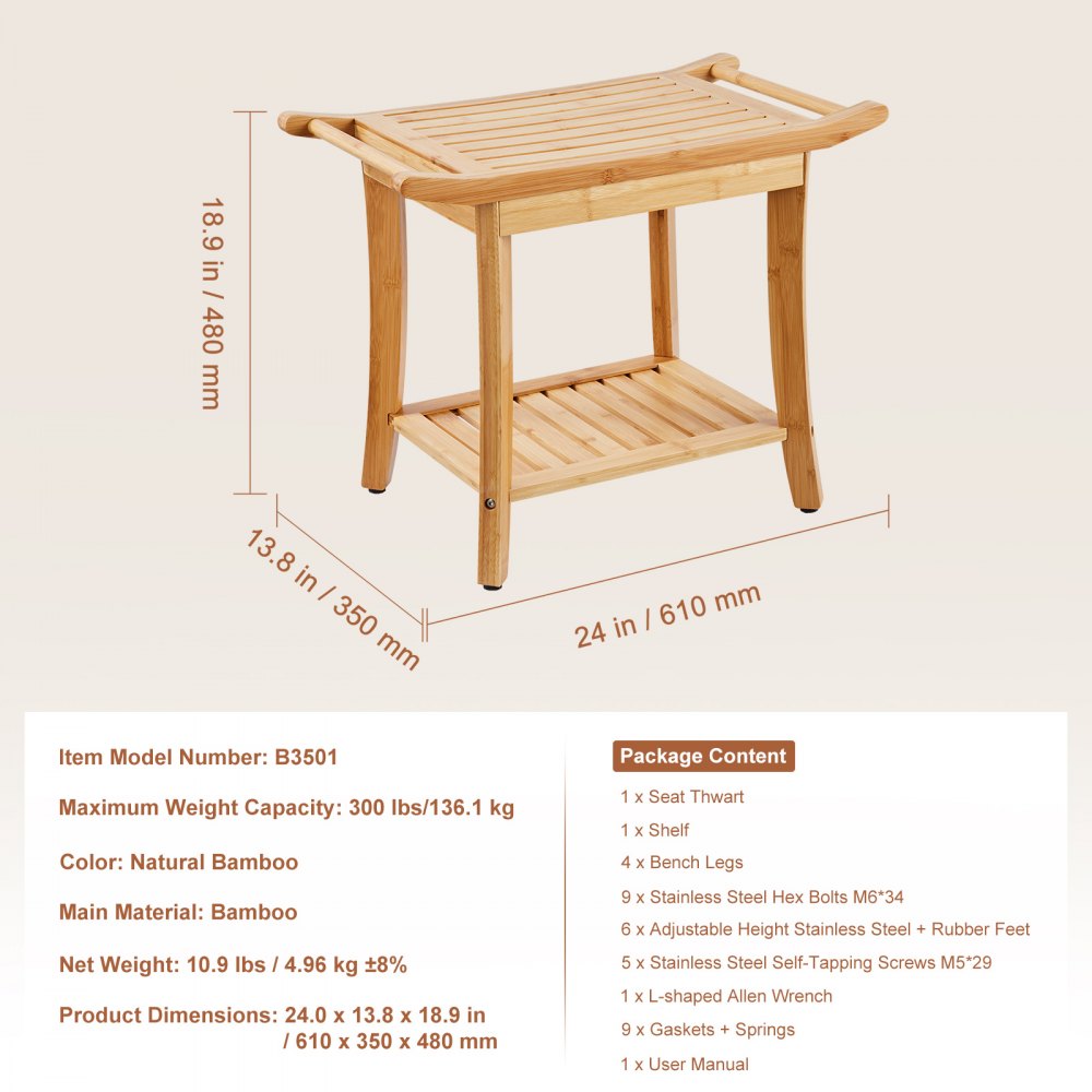 VEVOR Duschbank aus Bambus, 61 x 35 x 48 cm, wasserdichter Duschhocker mit Ablagegriff, 136 kg Tragkraft, Spa-Badesitz-Organizer, für Erwachsene, Senioren, Frauen, ältere Menschen, drinnen und draußen