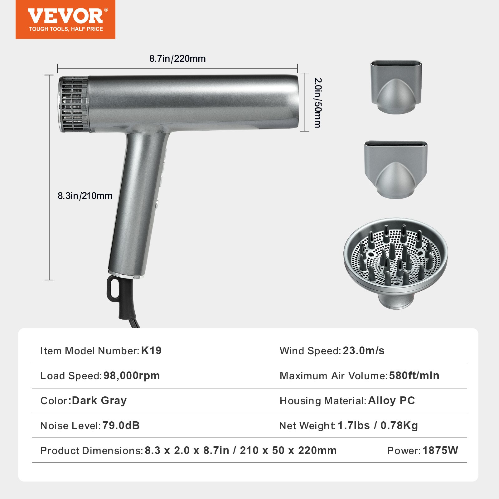 VEVOR Haartrockner, 3.0 Millionen Negative Ionen Föhn, 98.000 U/min Bürstenloser Motor, 3 Temperaturen & 3 Geschwindigkeiten, Haartrockner mit Düsen & Diffusor für Zuhause und unterwegs