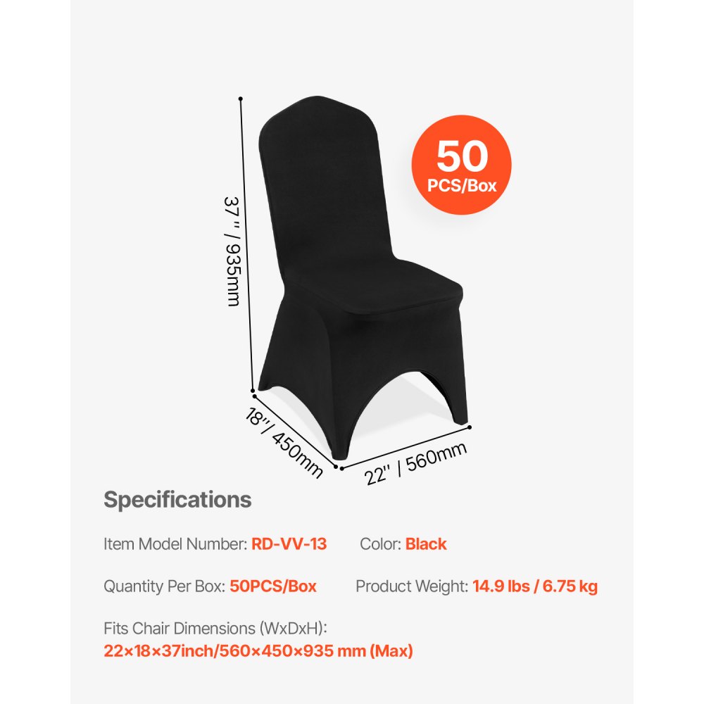VEVOR Stuhlhussen aus Elastischem Spandex für Klappstühle, Universell Passender, Gewölbter Vorderbezug, Abnehmbare &Waschbare Schonbezüge, für Hochzeit, Urlaub, Party, Feier, (50 Stück, Schwarz)