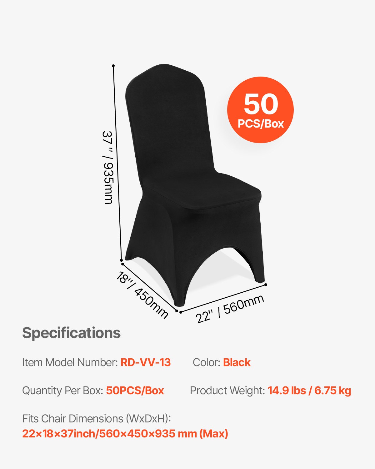 VEVOR Stuhlhussen aus Elastischem Spandex für Klappstühle, Universell Passender, Gewölbter Vorderbezug, Abnehmbare &Waschbare Schonbezüge, für Hochzeit, Urlaub, Party, Feier, (50 Stück, Schwarz)