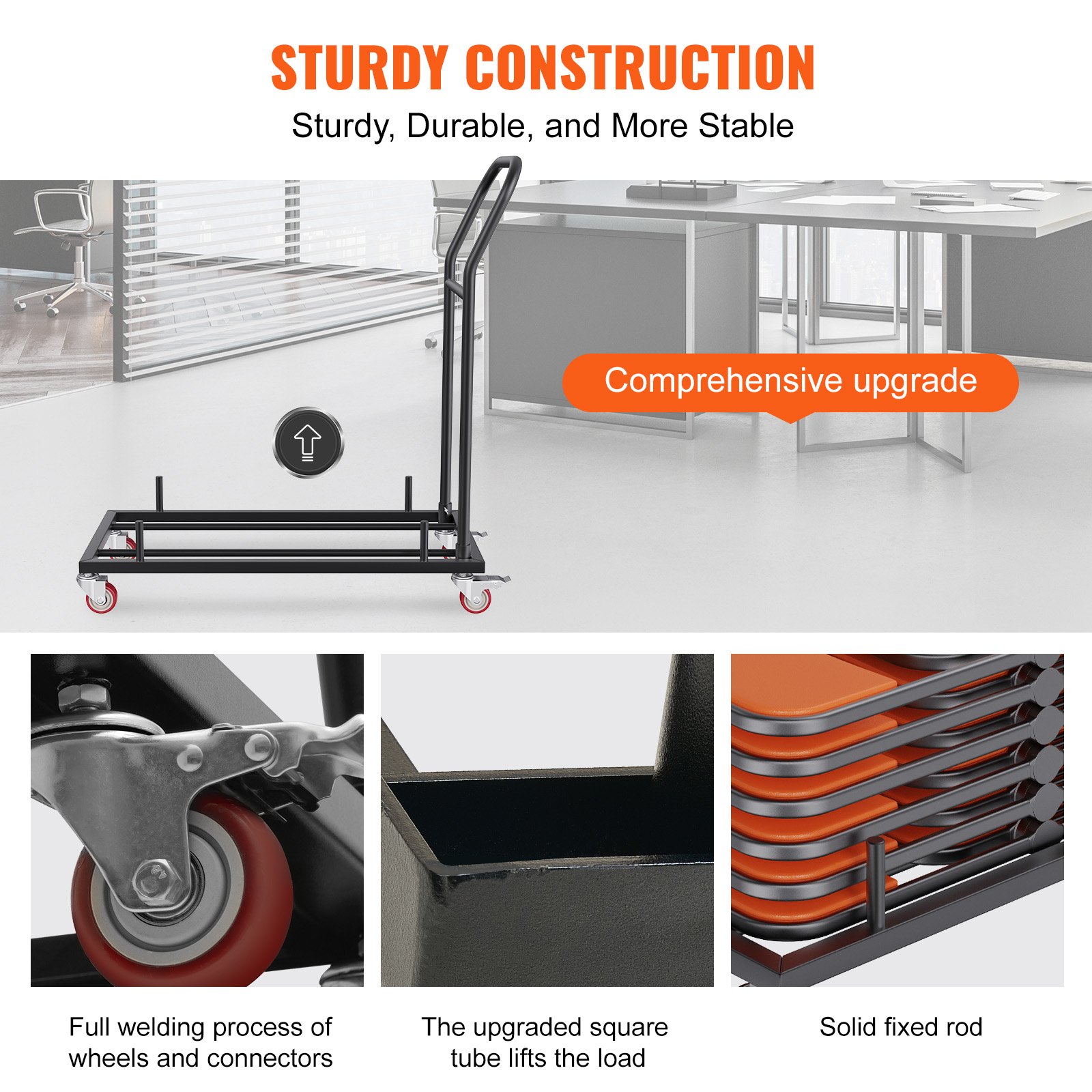 VEVOR Folding Chair Trolley, Commercial Iron Trolley with 12 Chairs, Shelf Trolley for Folding Chairs with 4 Wheels, Storage Transport Trolley for Flat Stackable Plastic, Resin & Wooden Chairs