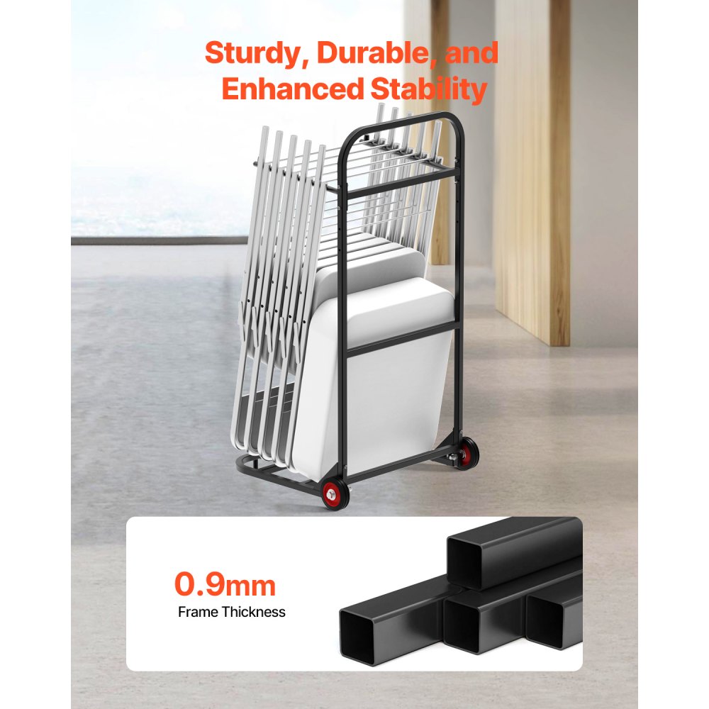 VEVOR Chair Trolley, Foldable Chair Stand, 45 kg Load Capacity, Sturdy Chair Cart for Hanging 10 Chairs, Metal Chair Storage Cart with Rubber Wheels, Pushable Chair Holder, Matte Black