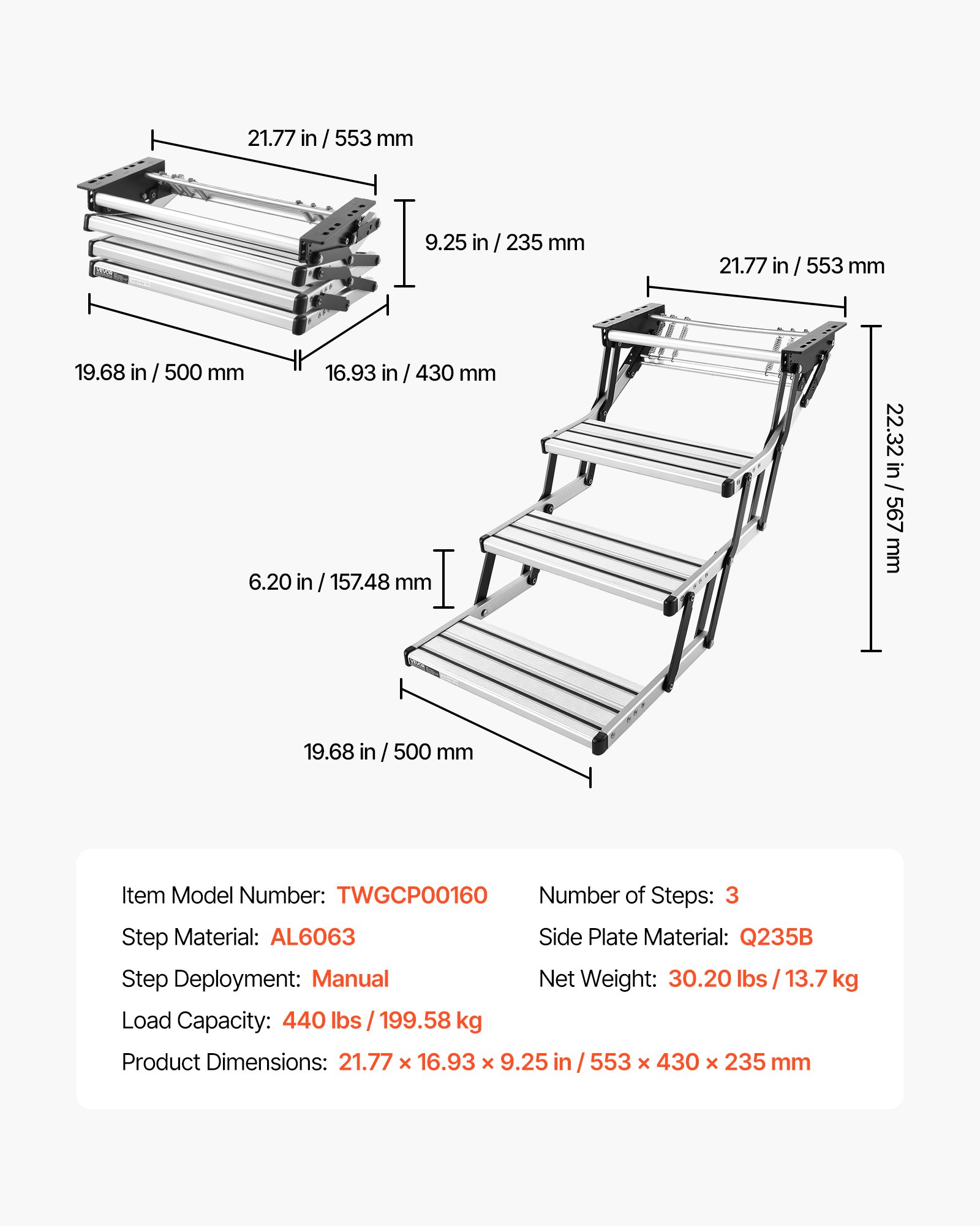 VEVOR Einziehbare Wohnmobiltreppe (3 Stufen), Wohnmobiltrittstufen mit 199,58 kg Tragkraft, Teleskopisch Klappbare Einstiegstreppe aus Aluminiumlegierung, Rutschfester Stahlrahmen für Wohnwagen