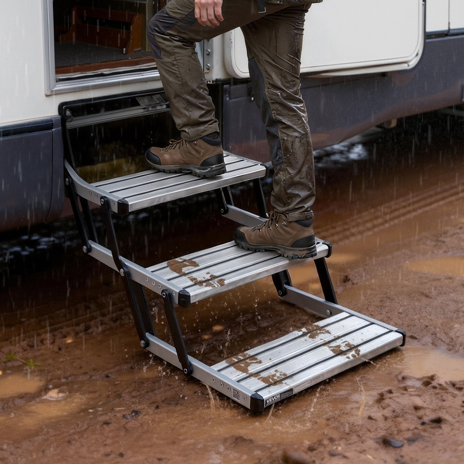 VEVOR Einziehbare Wohnmobiltreppe (3 Stufen), Wohnmobiltrittstufen mit 199,58 kg Tragkraft, Teleskopisch Klappbare Einstiegstreppe aus Aluminiumlegierung, Rutschfester Stahlrahmen für Wohnwagen