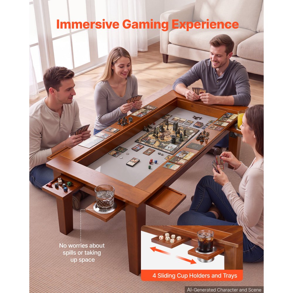 VEVOR Brettspieltisch 120x60x45cm 2-in-1 Spiel- & Esstisch 136kg Belastbar, Geräumig für 4 Spieler, Massivholz, mit Abnehmbaren Tischplatten Getränkehaltern Leder-Spielmatte & Ausziehbaren Tabletts