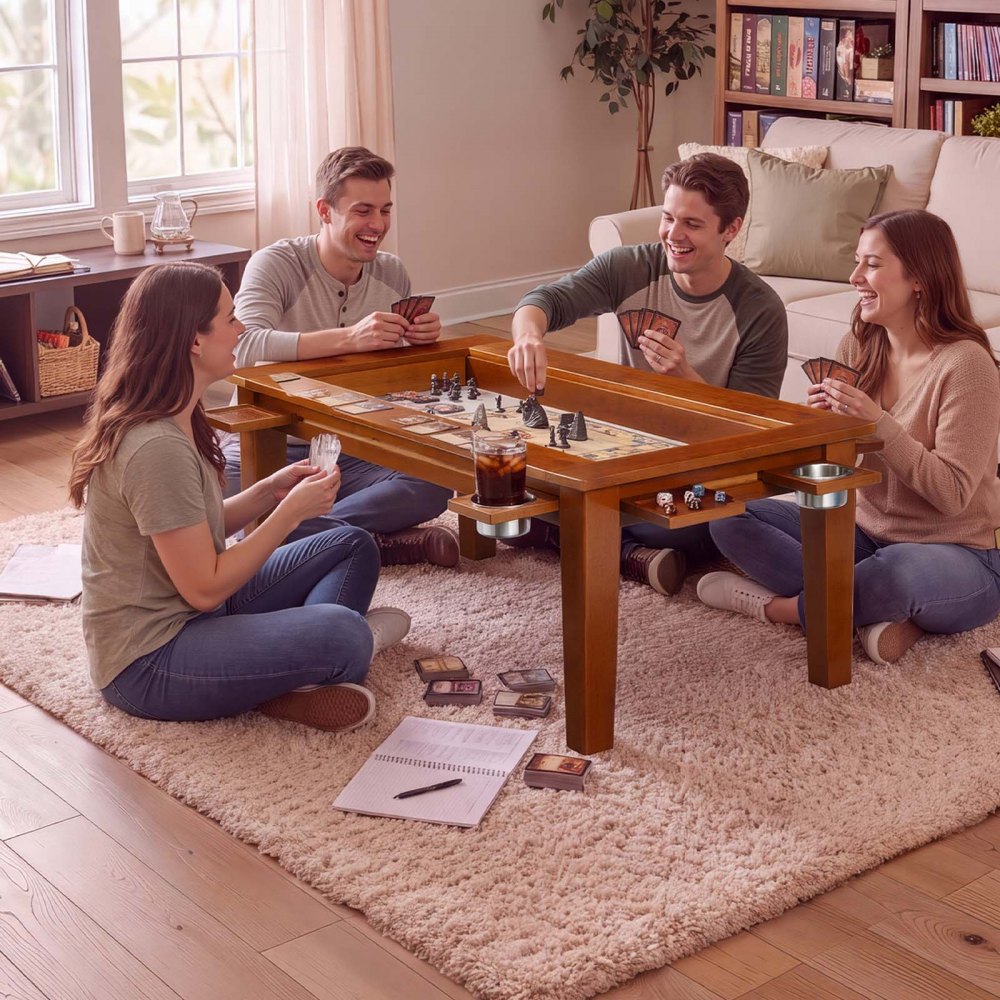 VEVOR Brettspieltisch 120x60x45cm 2-in-1 Spiel- & Esstisch 136kg Belastbar, Geräumig für 4 Spieler, Massivholz, mit Abnehmbaren Tischplatten Getränkehaltern Leder-Spielmatte & Ausziehbaren Tabletts