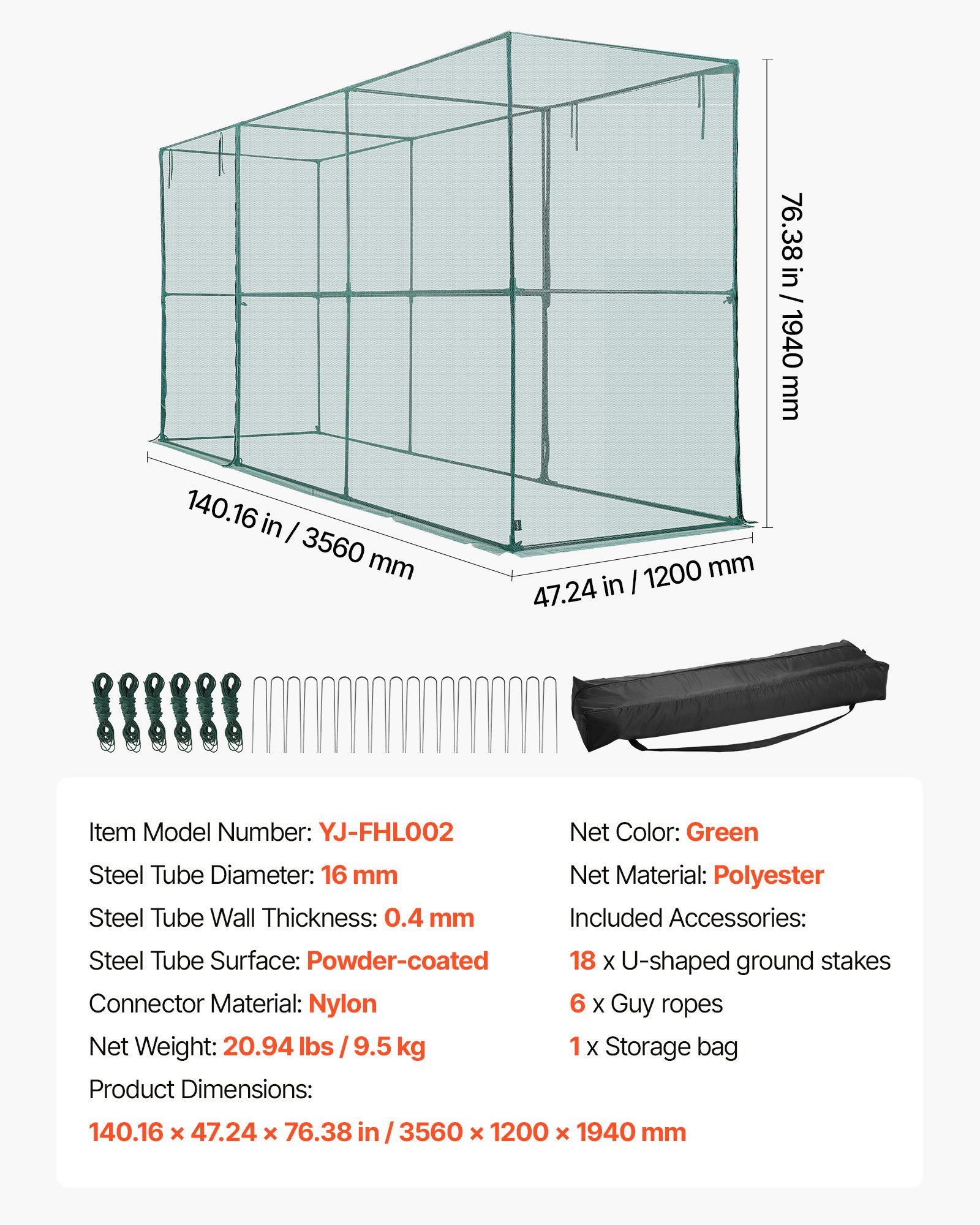 VEVOR Pflanzenschutzzelt, 3560x1200x1940 mm Pflanzenschutznetz, Tür mit Reißverschluss, windbeständig, Pflanzenkäfig Gewächshaus für Hochbeete im Freien, Garten, Terrasse & Rasen