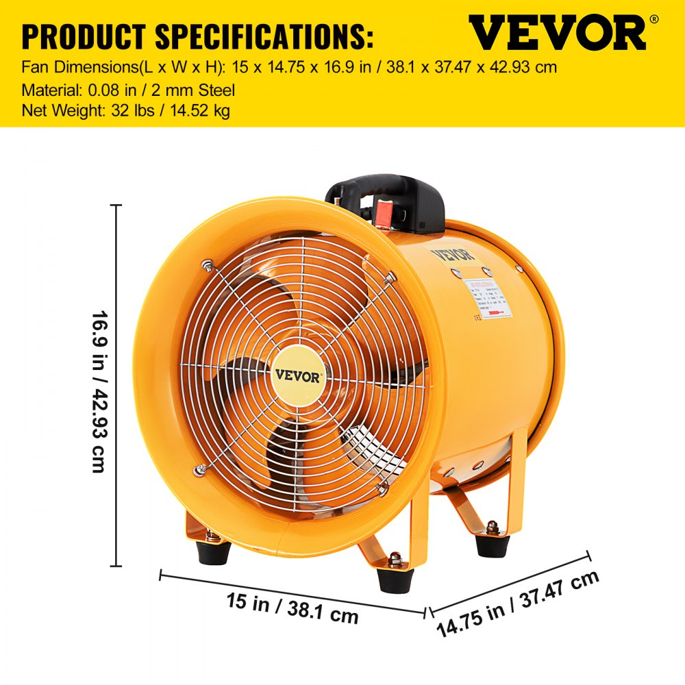 VEVOR Industrie Abluftventilator 300 mm Hochleistungs Axialventilator, 3900 m3 / h Axialgebläse, 500 W Axiallüfter mit 2 m Schlauch, 2920 RPM Wandventilator aus 2 mm Stahl, für Fabriken & Werkstätten