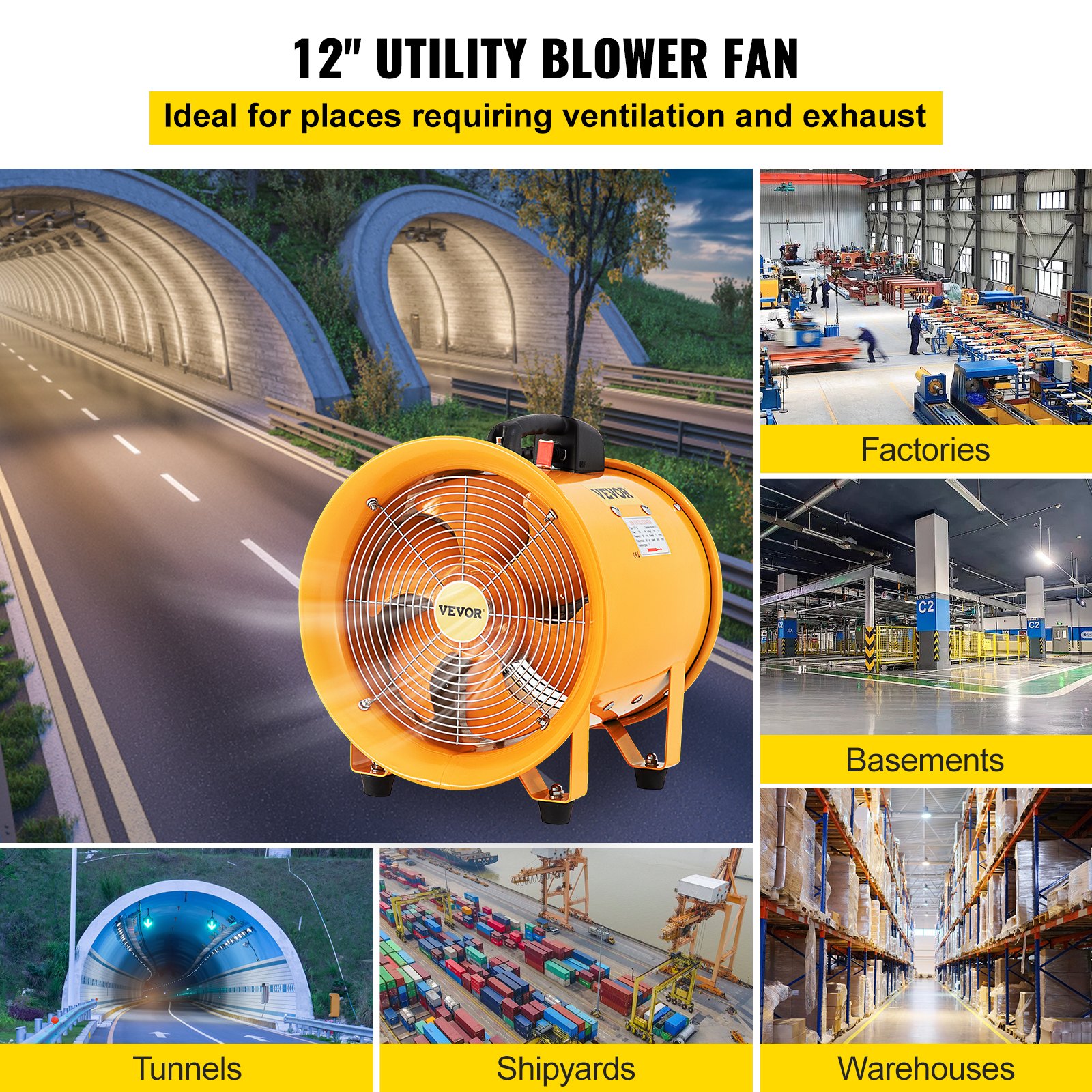 VEVOR Industrie Abluftventilator 300 mm Hochleistungs Axialventilator, 3900 m3 / h Axialgebläse, 500 W Axiallüfter mit 2 m Schlauch, 2920 RPM Wandventilator aus 2 mm Stahl, für Fabriken & Werkstätten