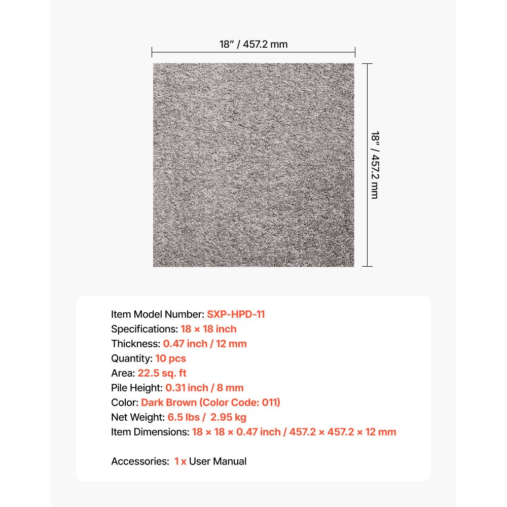 VEVOR Teppichfliesen 457,2 x 457,2 x 12 mm, 10er-Pack, selbstklebender Teppichboden mit Fläche von 2 m², Teppich Bodenbelag, einfacher DIY-Austausch für Wohnzimmer und Büro, Dunkelbraun