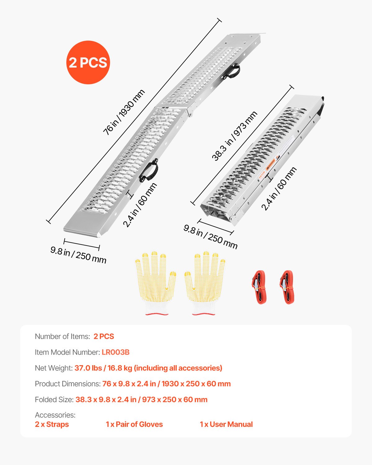 VEVOR Aluminium-Rampen 2-teilige Hochleistungsrampen Verladerrampe (453 kg belastbar) mit breiterer Rampenoberfläche, universelle stabile Laderampe mit Griffen, für ATV UTV Motorrad Elektrofahrrad