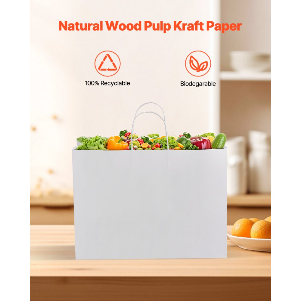 VEVOR Papiertragetaschen, 100er-Pack, Kraftpapiertüten mit Henkel, 406x152x308 mm, große wiederverwendbare Geschenktüten, Einkaufstaschen, für Geburtstage, Hochzeiten, Einkäufe, Geschenke, weiß