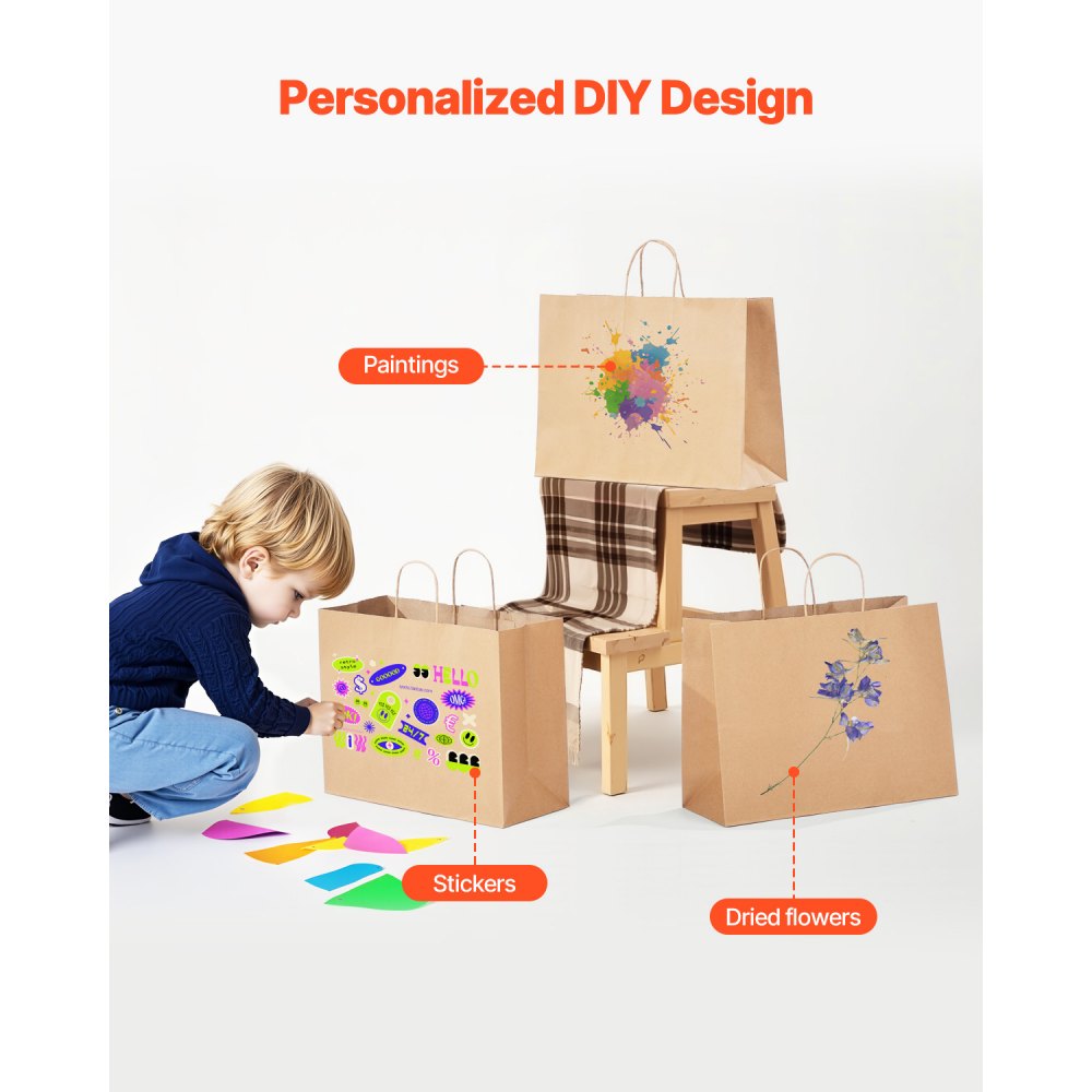 VEVOR Kraftpapiertüten, 100er-Pack, Geschenktüten mit Henkel, 406x152x308 mm, große wiederverwendbare Papiertragetaschen, Einkaufstaschen, für Geburtstage, Hochzeiten, Einkäufe, Geschenke, braun