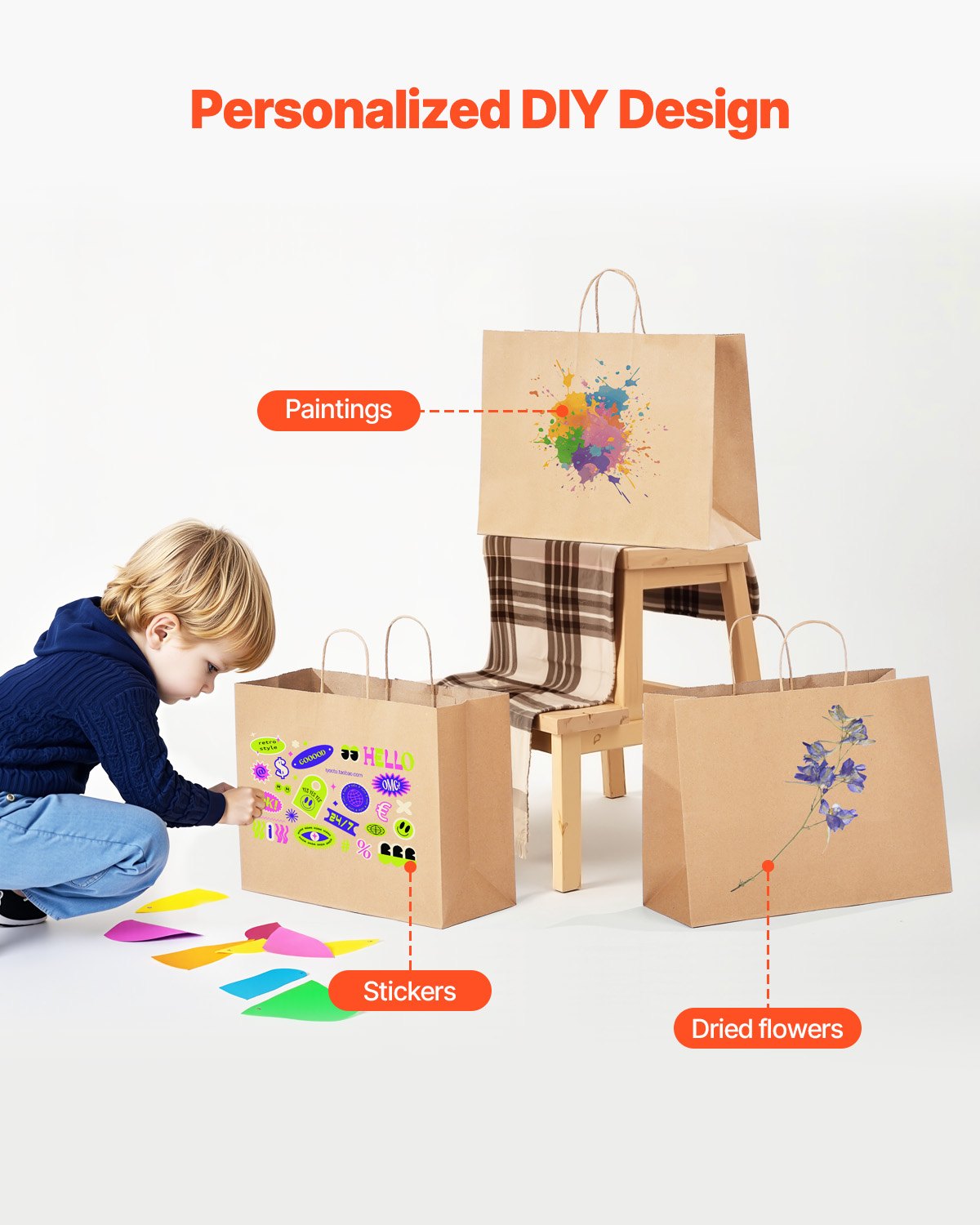 VEVOR Kraftpapiertüten, 100er-Pack, Geschenktüten mit Henkel, 406x152x308 mm, große wiederverwendbare Papiertragetaschen, Einkaufstaschen, für Geburtstage, Hochzeiten, Einkäufe, Geschenke, braun