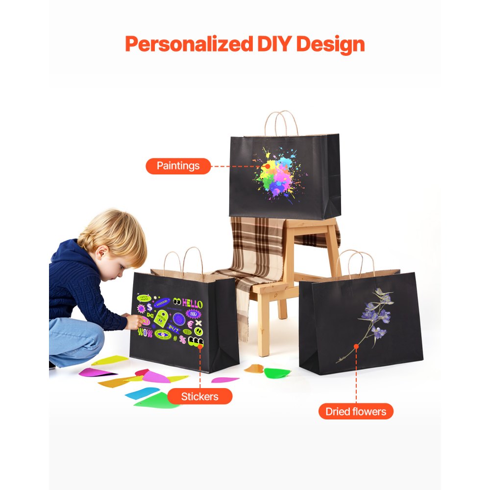 VEVOR Kraftpapiertüten, 50er-Pack, Geschenktüten mit Henkel, 406x152x308 mm, große Einkaufstüten, Papiertragetasche, für Partys, Geburtstage, Hochzeiten, Einkäufe, Geschenke, Schwarz