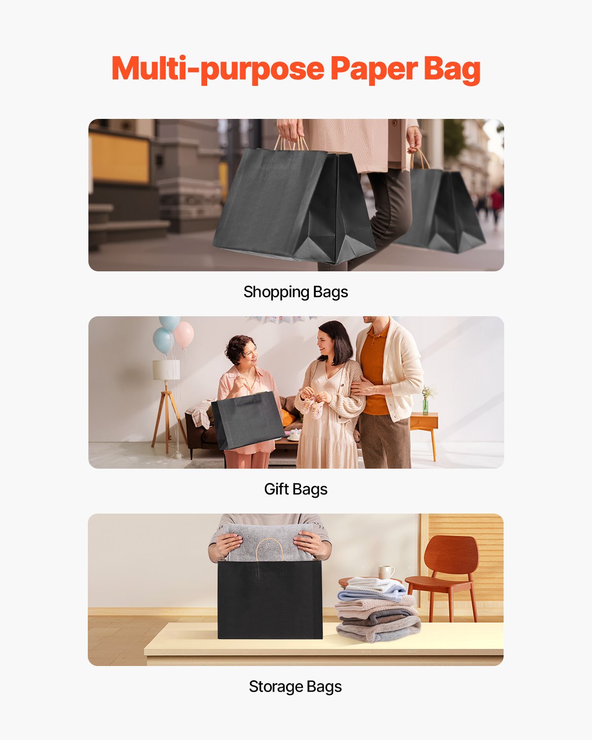 VEVOR Kraftpapiertüten, 50er-Pack, Geschenktüten mit Henkel, 406x152x308 mm, große Einkaufstüten, Papiertragetasche, für Partys, Geburtstage, Hochzeiten, Einkäufe, Geschenke, Schwarz