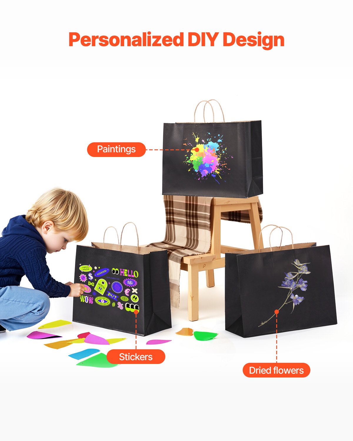 VEVOR Kraft Paper Bags, Pack of 50, Gift Bags with Handles, 406x152x308 mm, Large Shopping Bags, Paper Carrier Bags, for Parties, Birthdays, Weddings, Shopping, Gifts, Black