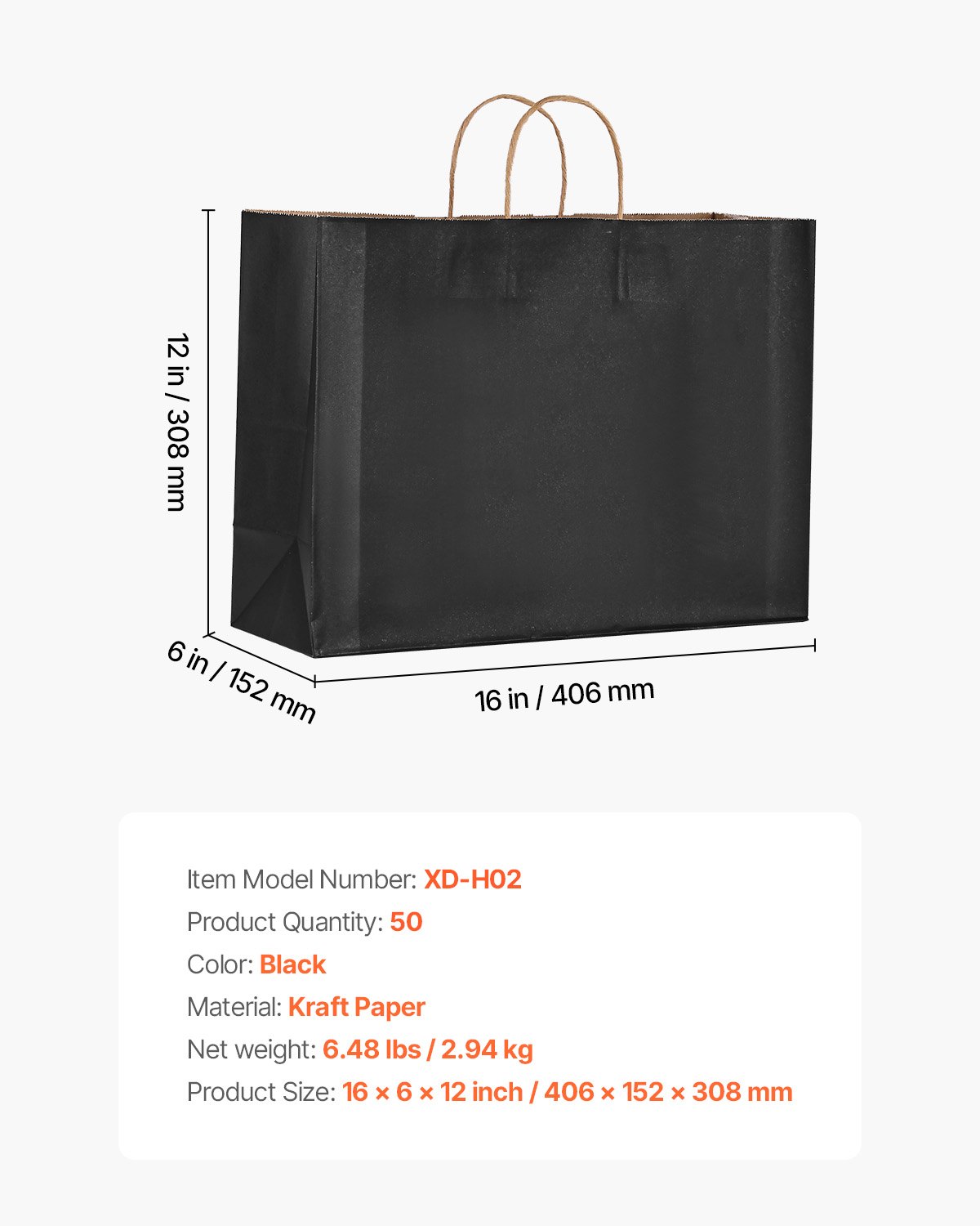 VEVOR Kraft Paper Bags, Pack of 50, Gift Bags with Handles, 406x152x308 mm, Large Shopping Bags, Paper Carrier Bags, for Parties, Birthdays, Weddings, Shopping, Gifts, Black