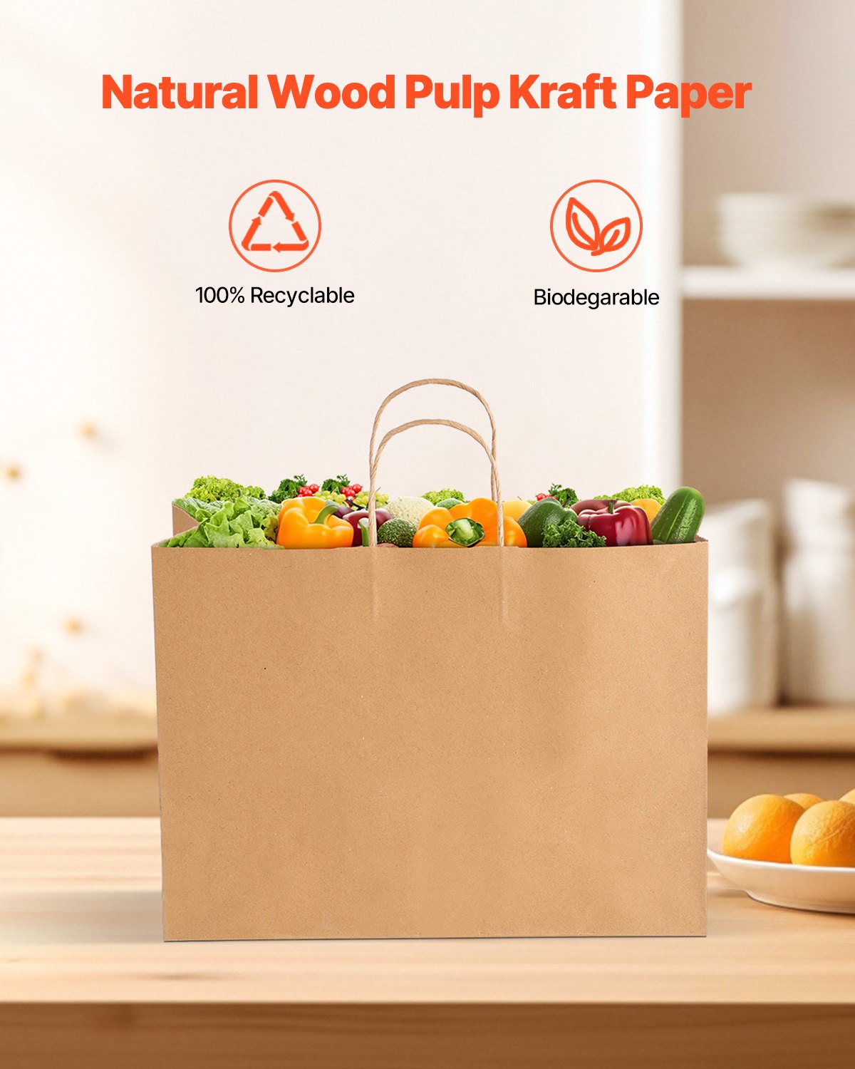 VEVOR Kraftpapiertüten, 50er-Pack, Geschenktüten mit Henkel, 406x152x308 mm, große Einkaufstüten, Papiertragetaschen, Krafttaschen für Geburtstage, Hochzeiten, Einkäufe, Geschenke, braun