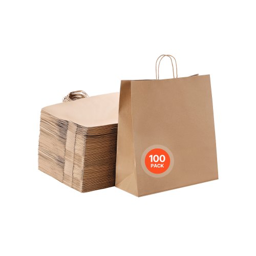 VEVOR Kraftpapiertüten, 100er-Pack, Geschenktüten mit Henkel, 457x178x483 mm, große Einkaufstüten, Papiertragetaschen, Krafttaschen, für Geburtstage, Hochzeiten, Einkäufe, Geschenke, braun