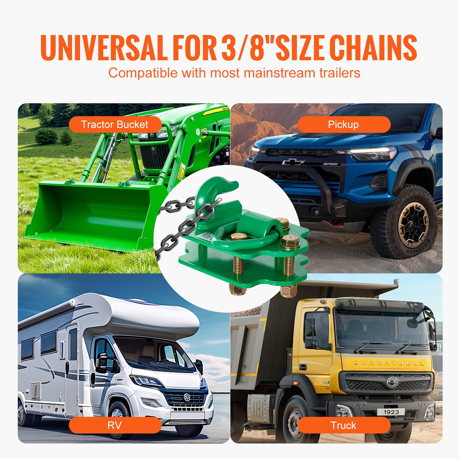 VEVOR 9,52mm Traktor-Eimerhaken mit Zurrring, Stahl der Güteklasse 70, 2er-Set anschraubbarer Greifhaken mit Rückplatten, kompatibel mit Traktorschaufel, Wohnmobil, UTV, max. Bruchfestigkeit 6803,88kg