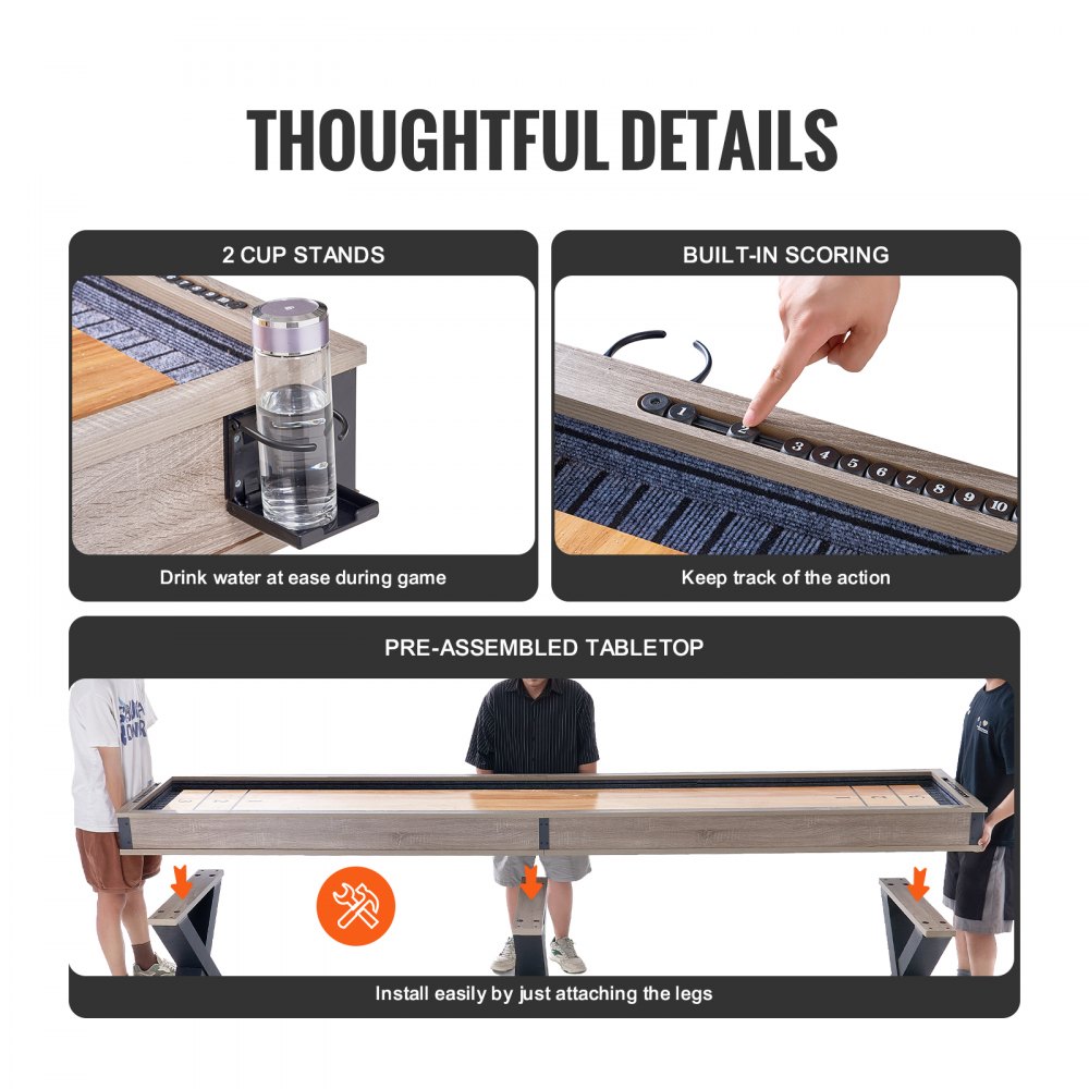 VEVOR Shuffleboard Table, 11.5 Foot Shuffleboard for Family Game Room, 2-in-1 Shuffleboard and Bowling Combo Game Set, with Scratch-Resistant Playing Surface, Legs, 8 Pucks, Bowling Set, Wax and Table Brush