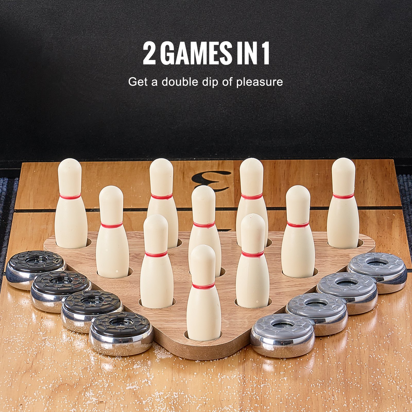 VEVOR Shuffleboard-Tisch, 11,5 Fuß Shuffleboard für Familienspielzimmer, 2-in-1-Shuffleboard- und Bowling-Kombispielset, mit kratzfestem Spielfeld, Beinen, 8 Pucks, Bowlingset, Wachs und Tischbürste