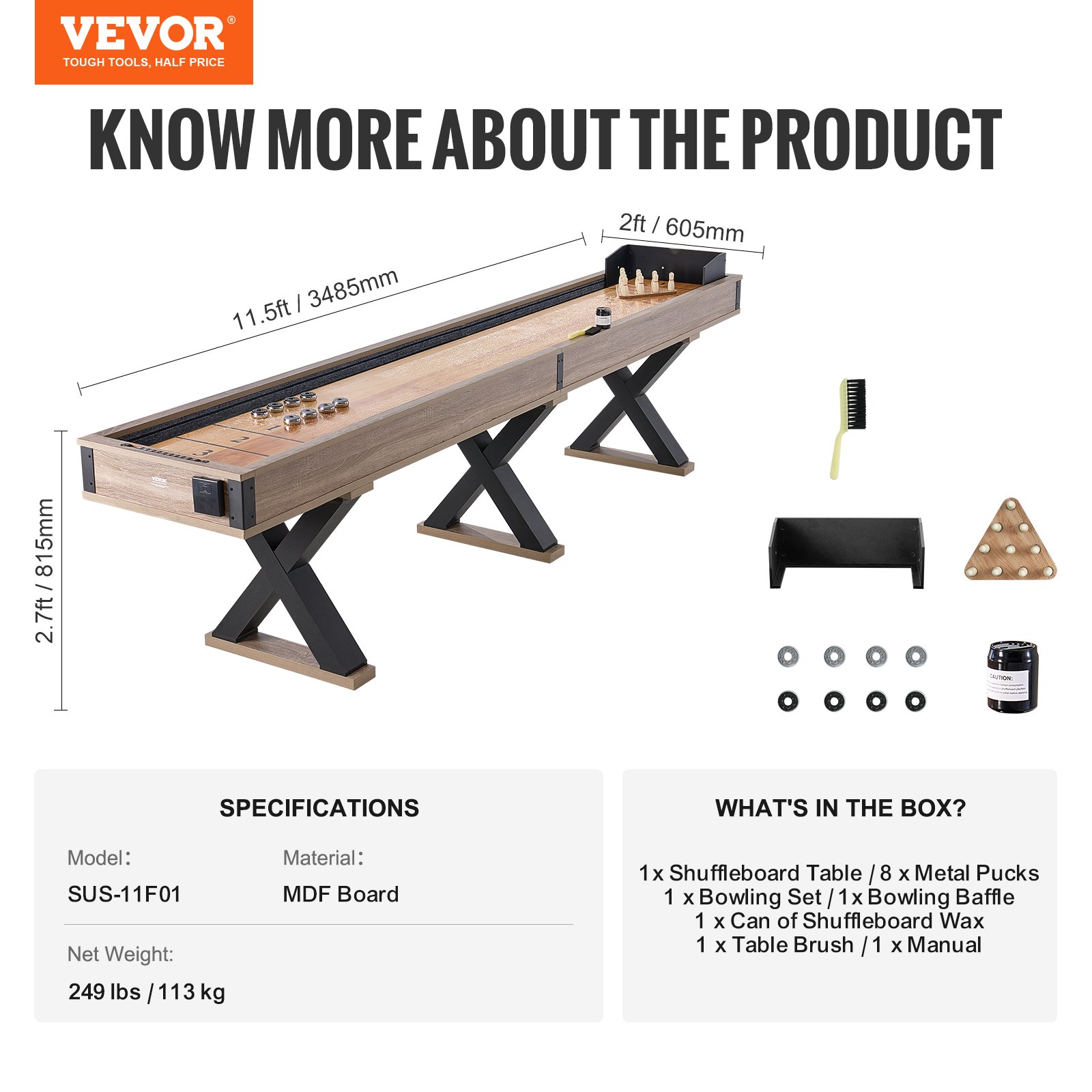 VEVOR Shuffleboard-Tisch, 11,5 Fuß Shuffleboard für Familienspielzimmer, 2-in-1-Shuffleboard- und Bowling-Kombispielset, mit kratzfestem Spielfeld, Beinen, 8 Pucks, Bowlingset, Wachs und Tischbürste