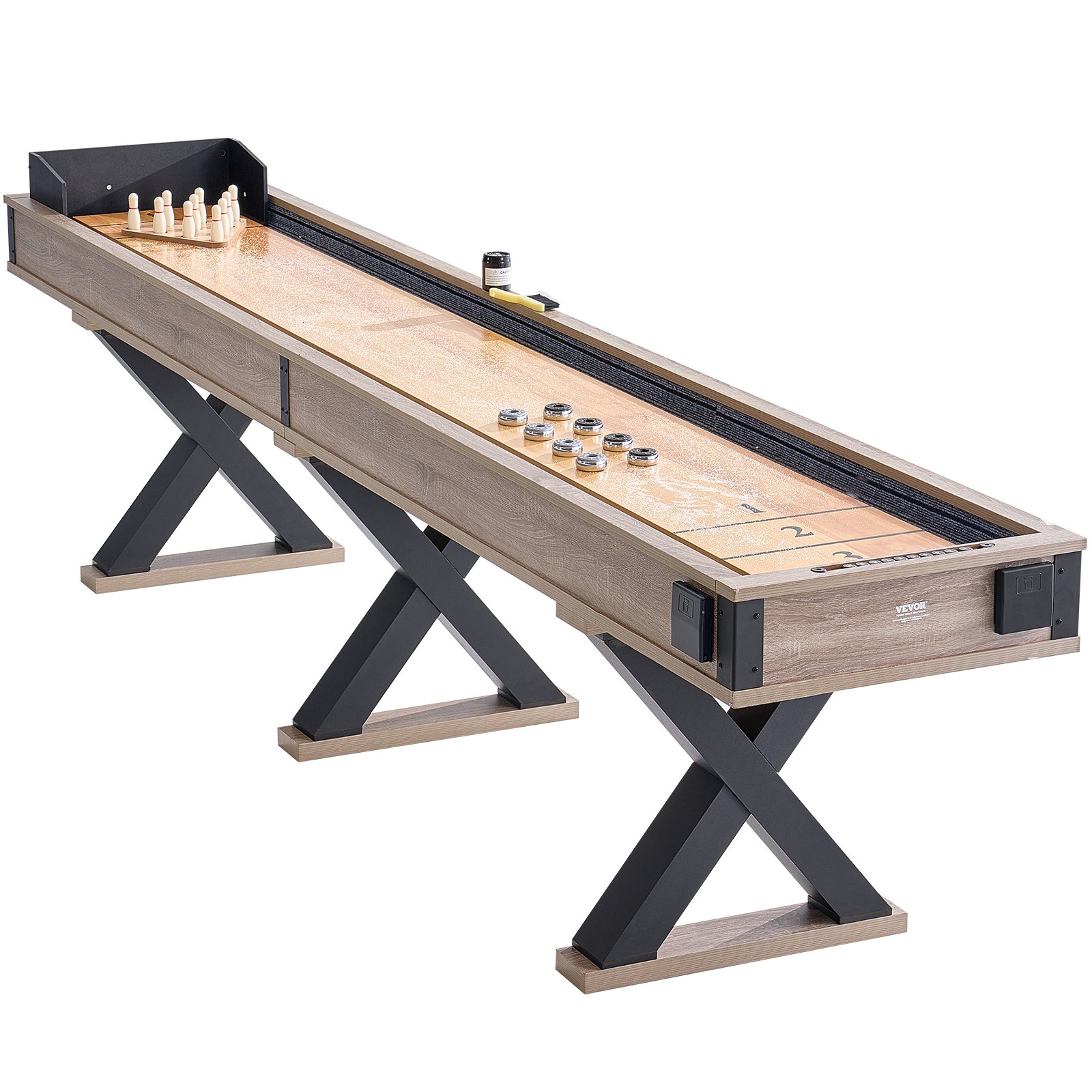 VEVOR Shuffleboard-Tisch, 11,5 Fuß Shuffleboard für Familienspielzimmer, 2-in-1-Shuffleboard- und Bowling-Kombispielset, mit kratzfestem Spielfeld, Beinen, 8 Pucks, Bowlingset, Wachs und Tischbürste
